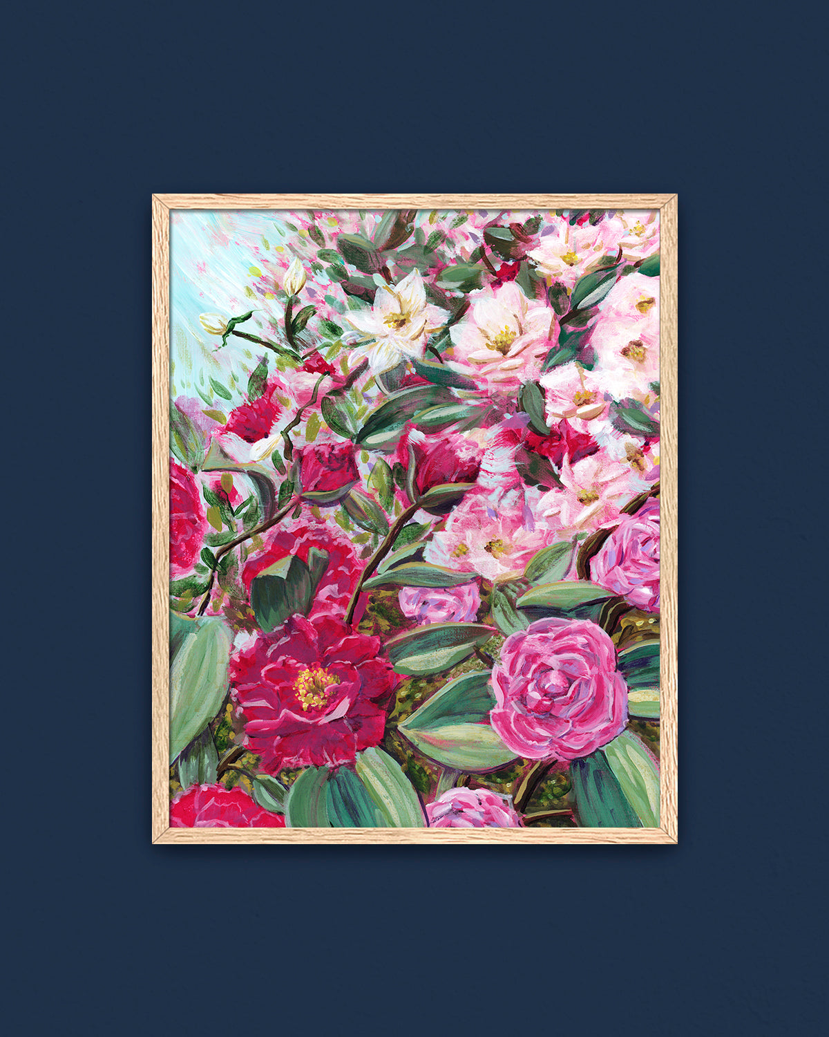 Echoes in Bloom framed art print featuring Camellias and white tea roses.