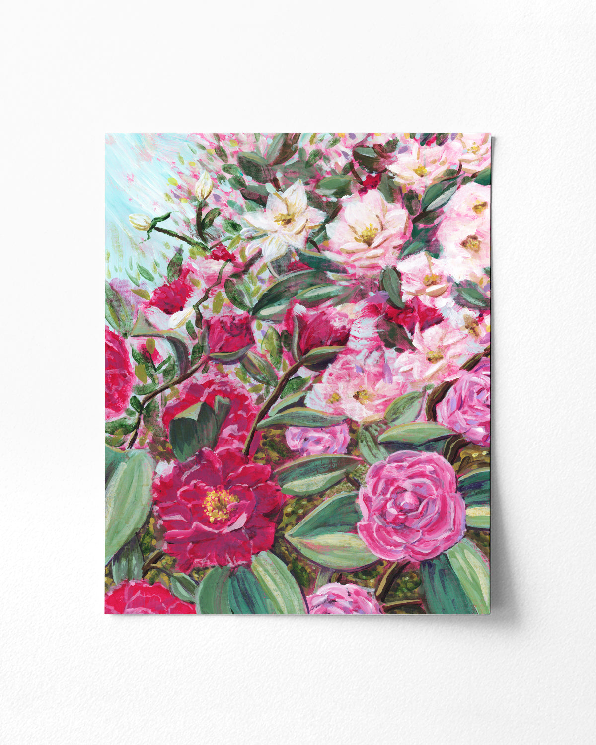 Echoes in Bloom art print featuring Camellias and white tea roses.
