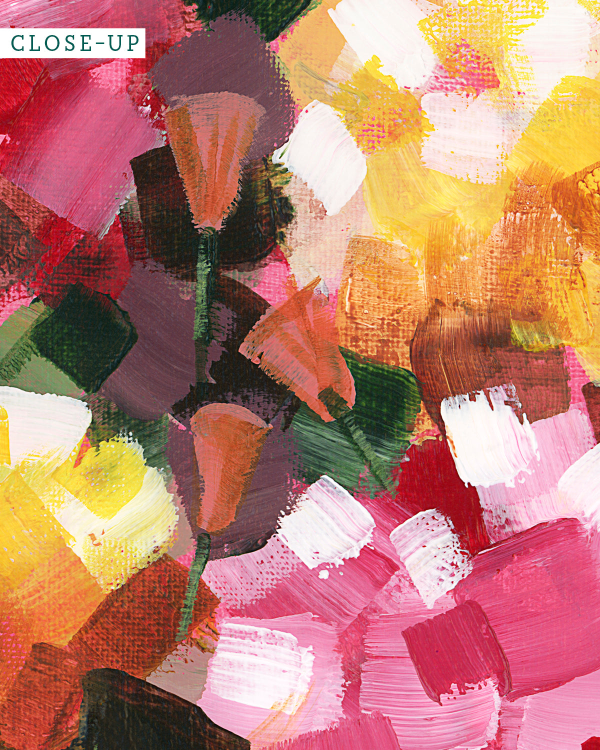 Print of colorful acrylic floral bouquet painting with bold faceted brushwork by California high desert artist Jen Montgomery.