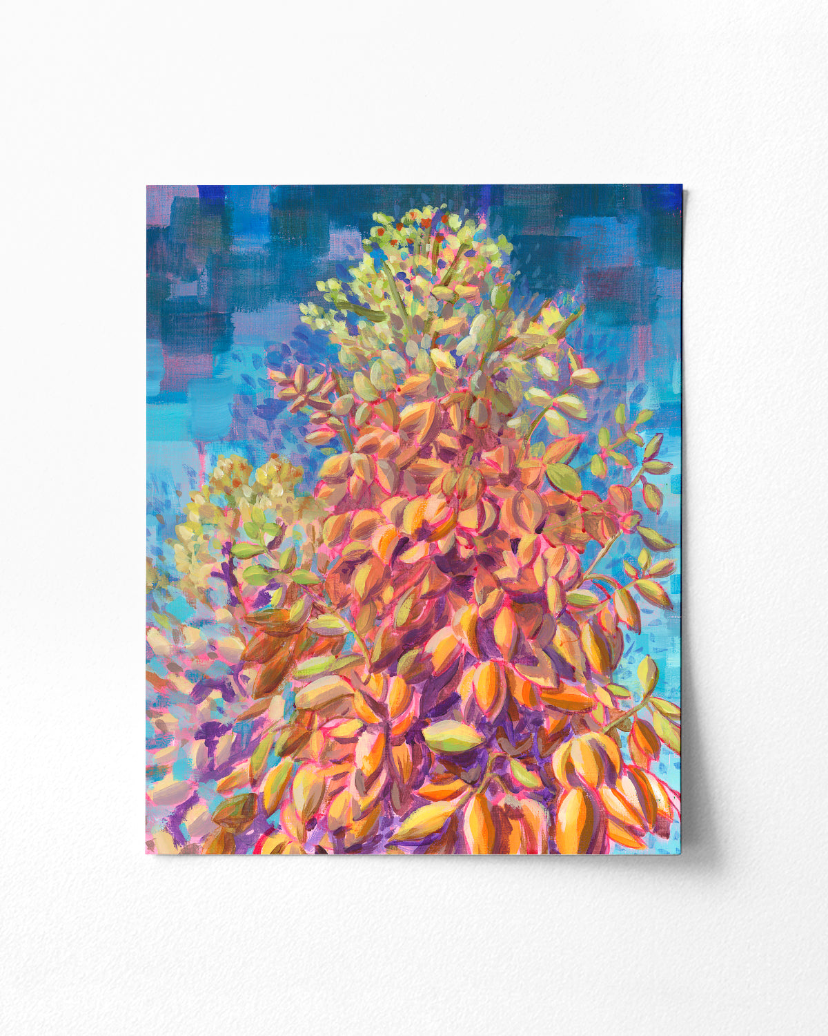 Print of colorful acrylic painting of yucca blooms against a blue sky by California high desert artist Jen Montgomery.