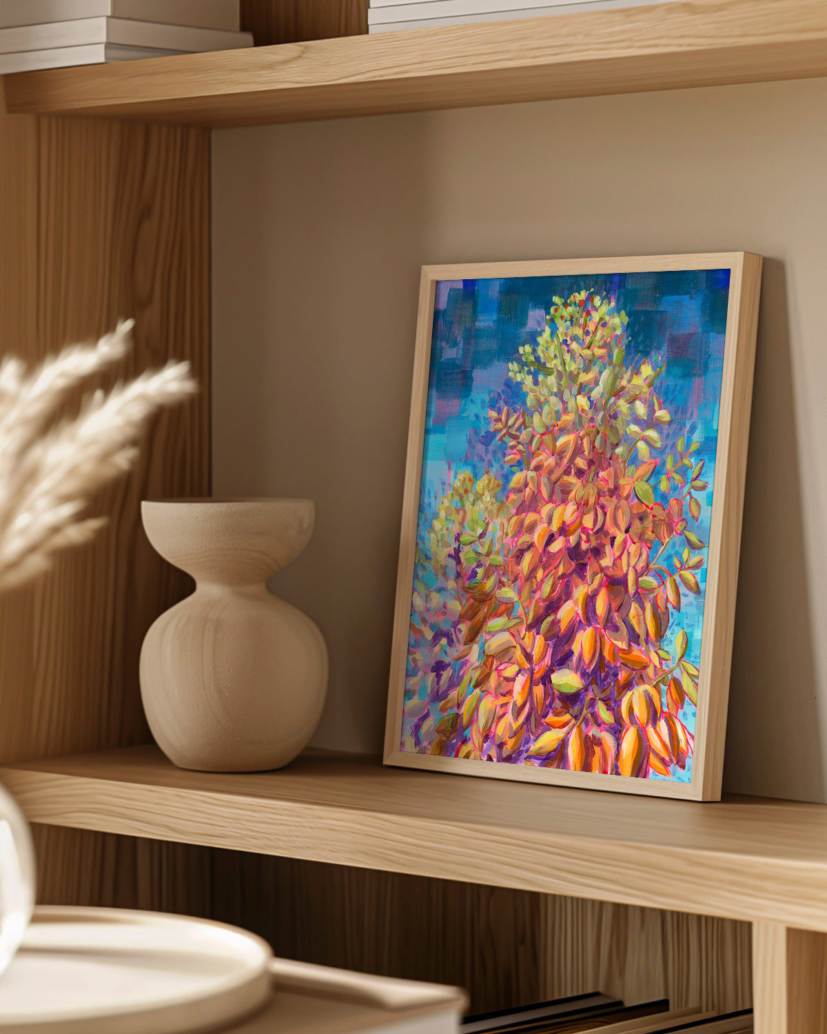 Print of colorful acrylic painting of yucca blooms against a blue sky by California high desert artist Jen Montgomery.