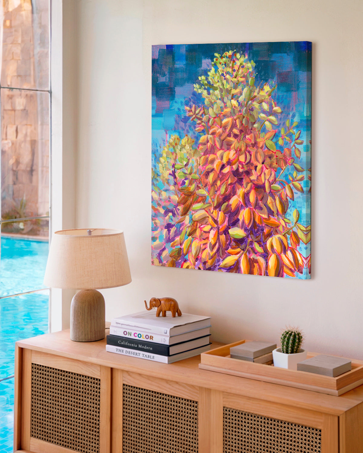 Print of colorful acrylic painting of yucca blooms against a blue sky by California high desert artist Jen Montgomery.