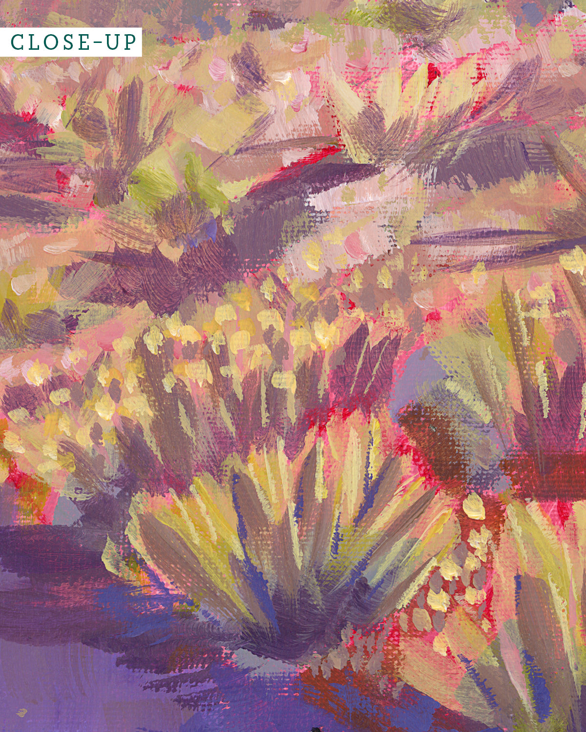 Print of colorful acrylic painting of two dogs on a desert path in the California high desert hills, by artist Jen Montgomery
