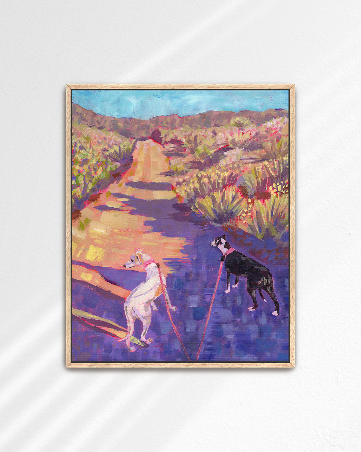 Print of colorful acrylic painting of two dogs on a desert path in the California high desert hills, by artist Jen Montgomery