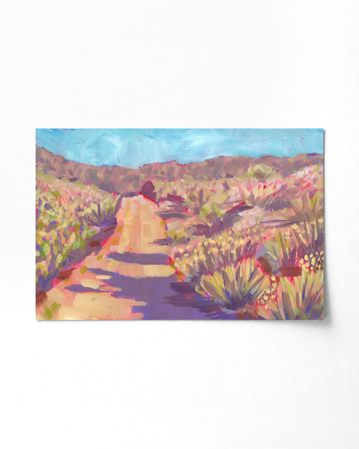 Print of colorful acrylic desert landscape painting with a winding path by California artist Jen Montgomery