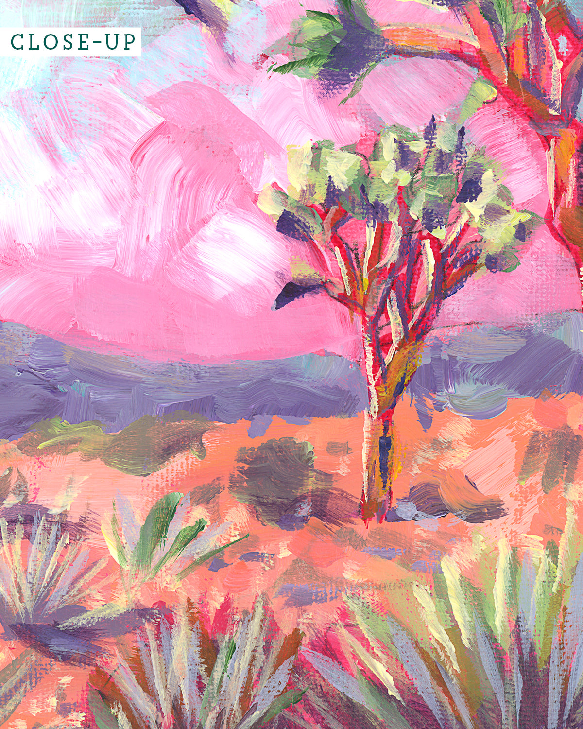 Print of colorful acrylic desert landscape painting with pink sky by California high desert artist Jen Montgomery
