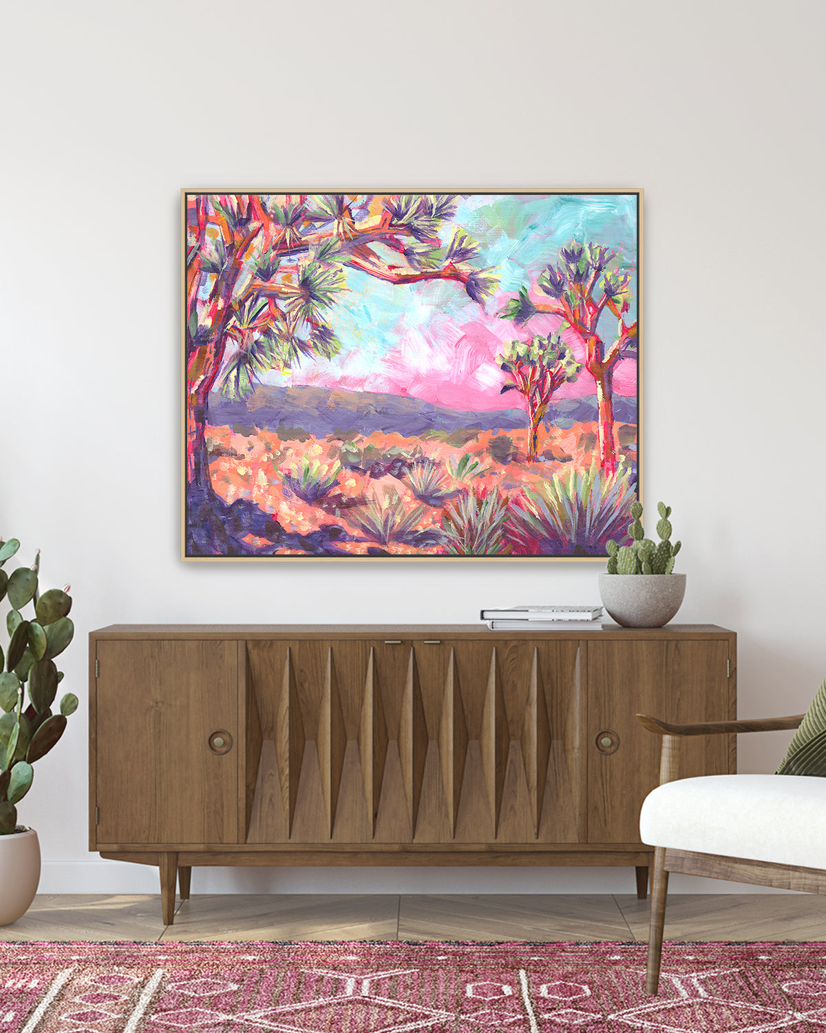 Print of colorful acrylic desert landscape painting with pink sky by California high desert artist Jen Montgomery