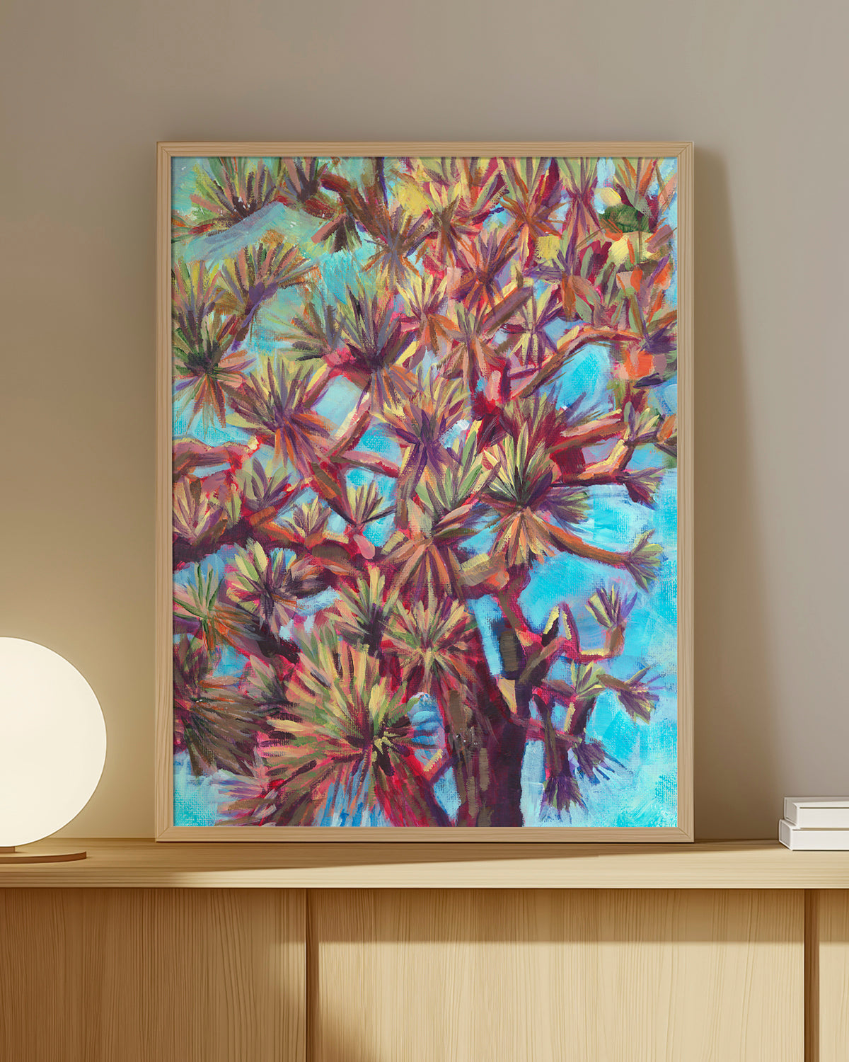 Print of colorful acrylic painting looking up through Joshua Tree branches by California high desert artist Jen Montgomery