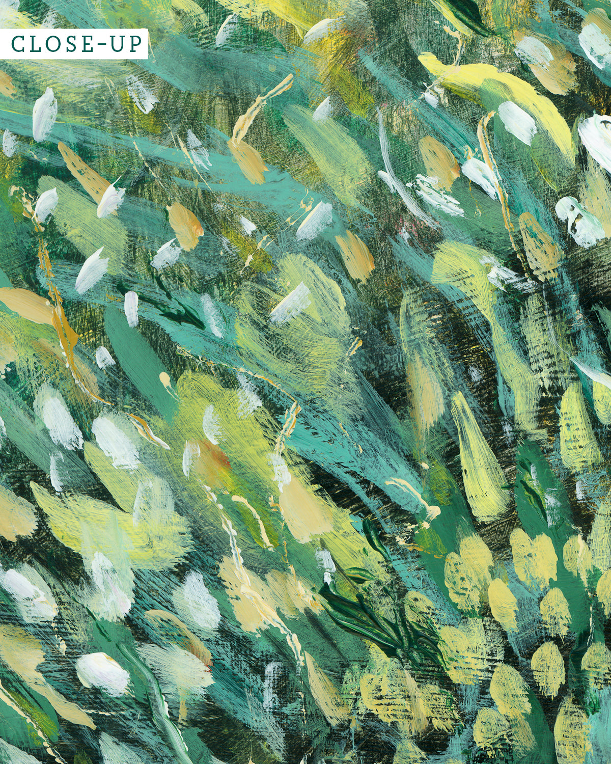 Loose Field fine art print. Abstract green and yellow acrylic painting by Jen Montgomery, available as canvas or paper print, shown framed and unframed in various room settings