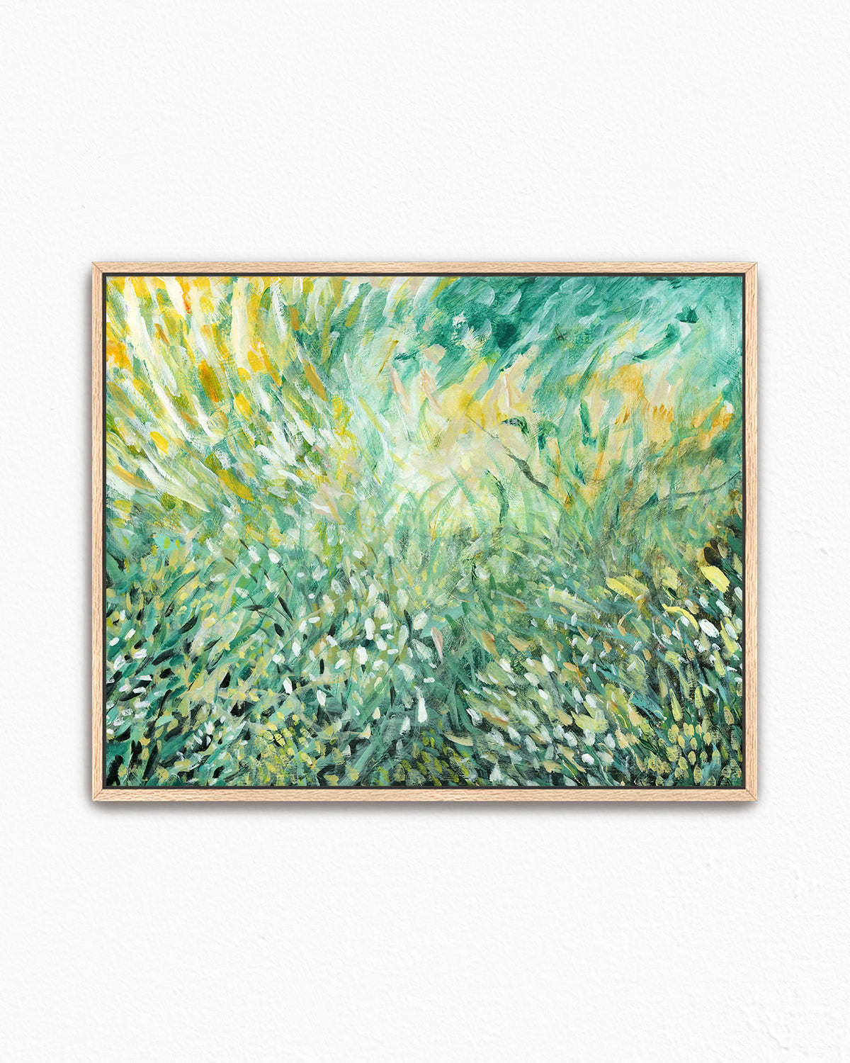 Loose Field fine art print. Abstract green and yellow acrylic painting by Jen Montgomery, available as canvas or paper print, shown framed and unframed in various room settings