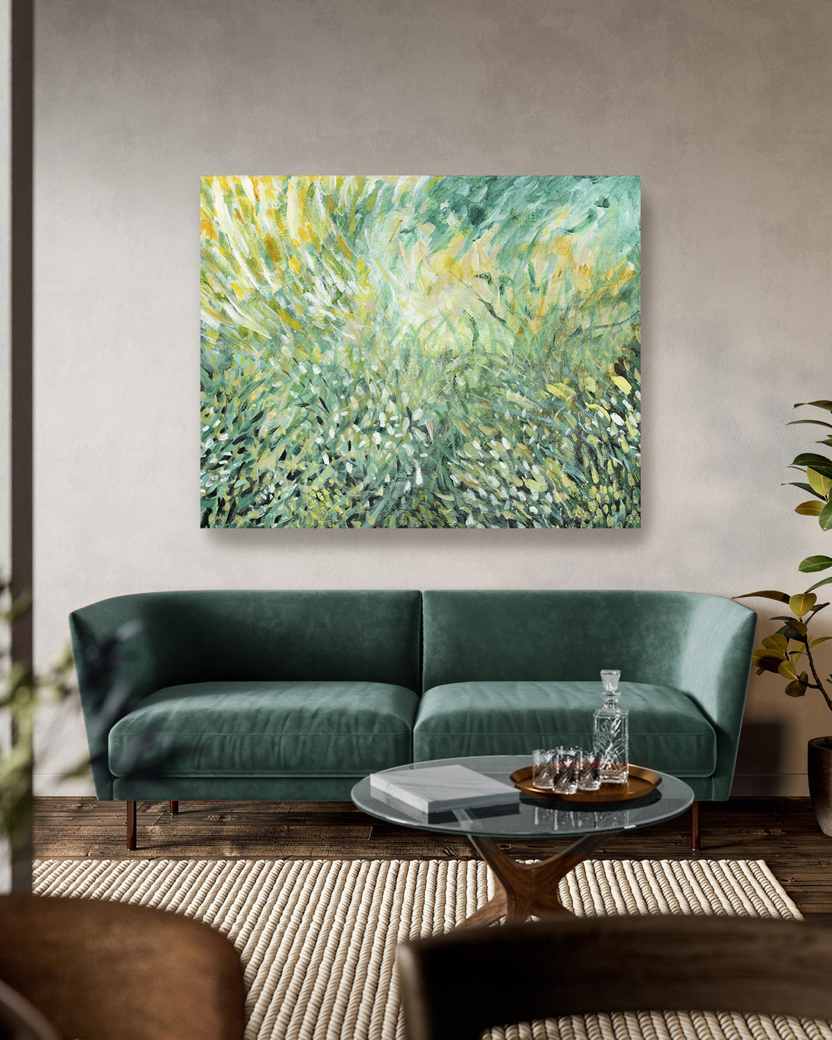 Loose Field fine art print. Abstract green and yellow acrylic painting by Jen Montgomery, available as canvas or paper print, shown framed and unframed in various room settings