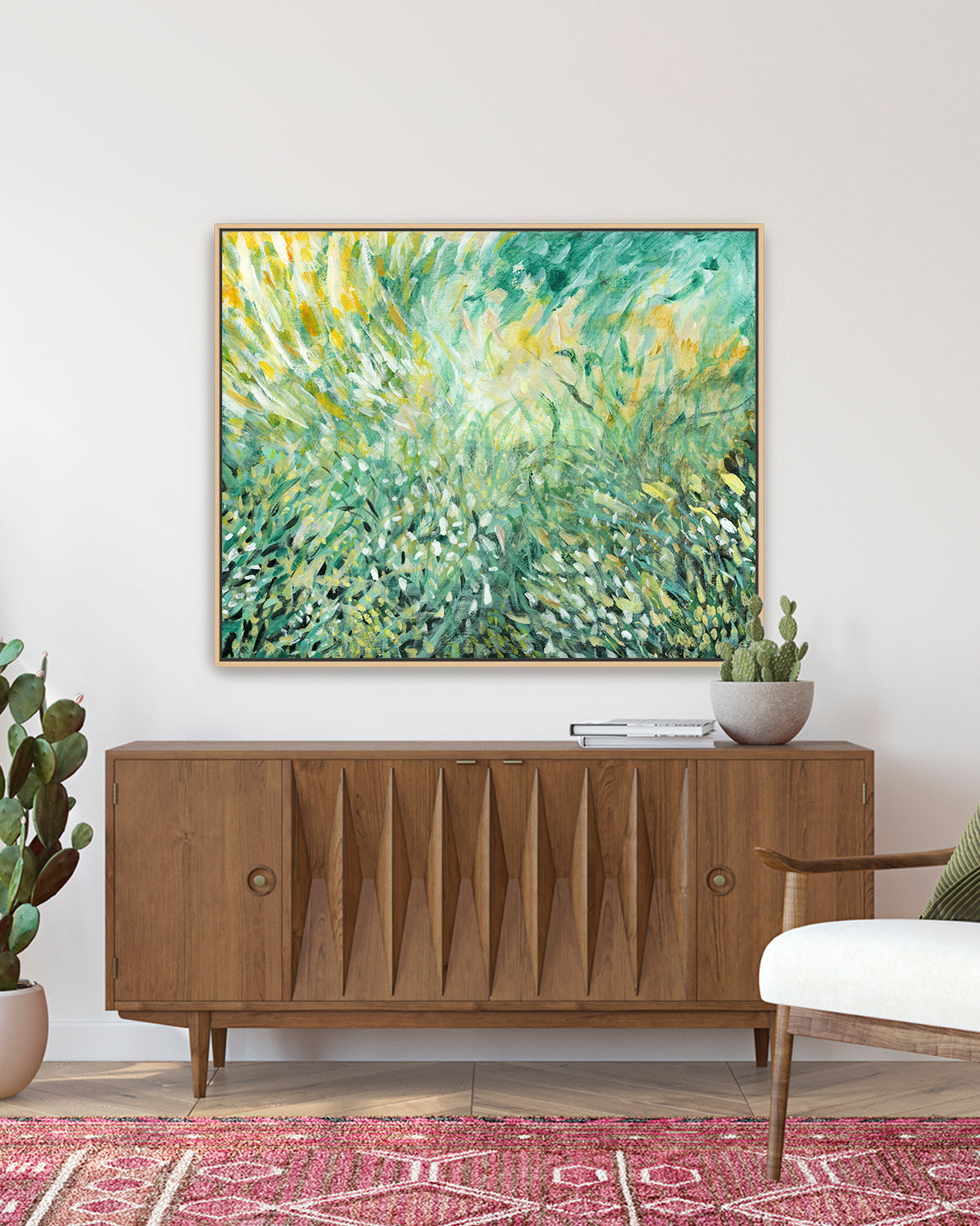 Loose Field fine art print. Abstract green and yellow acrylic painting by Jen Montgomery, available as canvas or paper print, shown framed and unframed in various room settings
