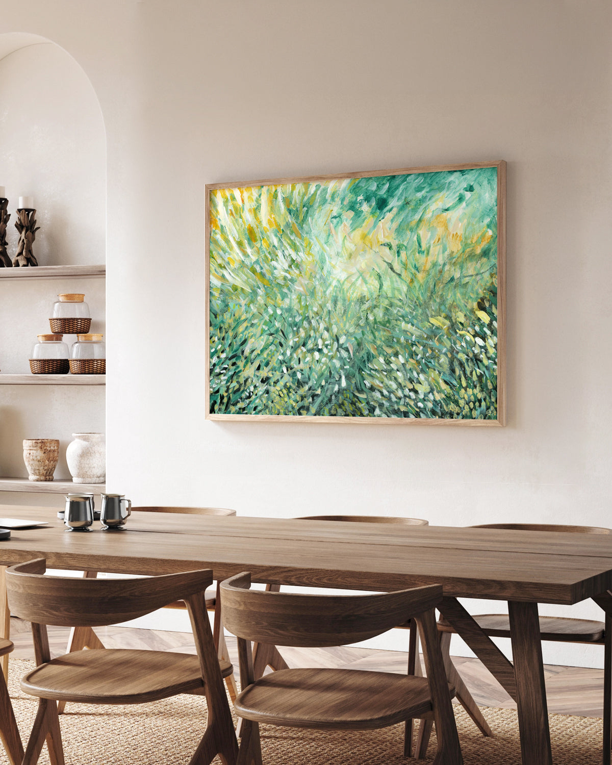 Loose Field fine art print. Abstract green and yellow acrylic painting by Jen Montgomery, available as canvas or paper print, shown framed and unframed in various room settings