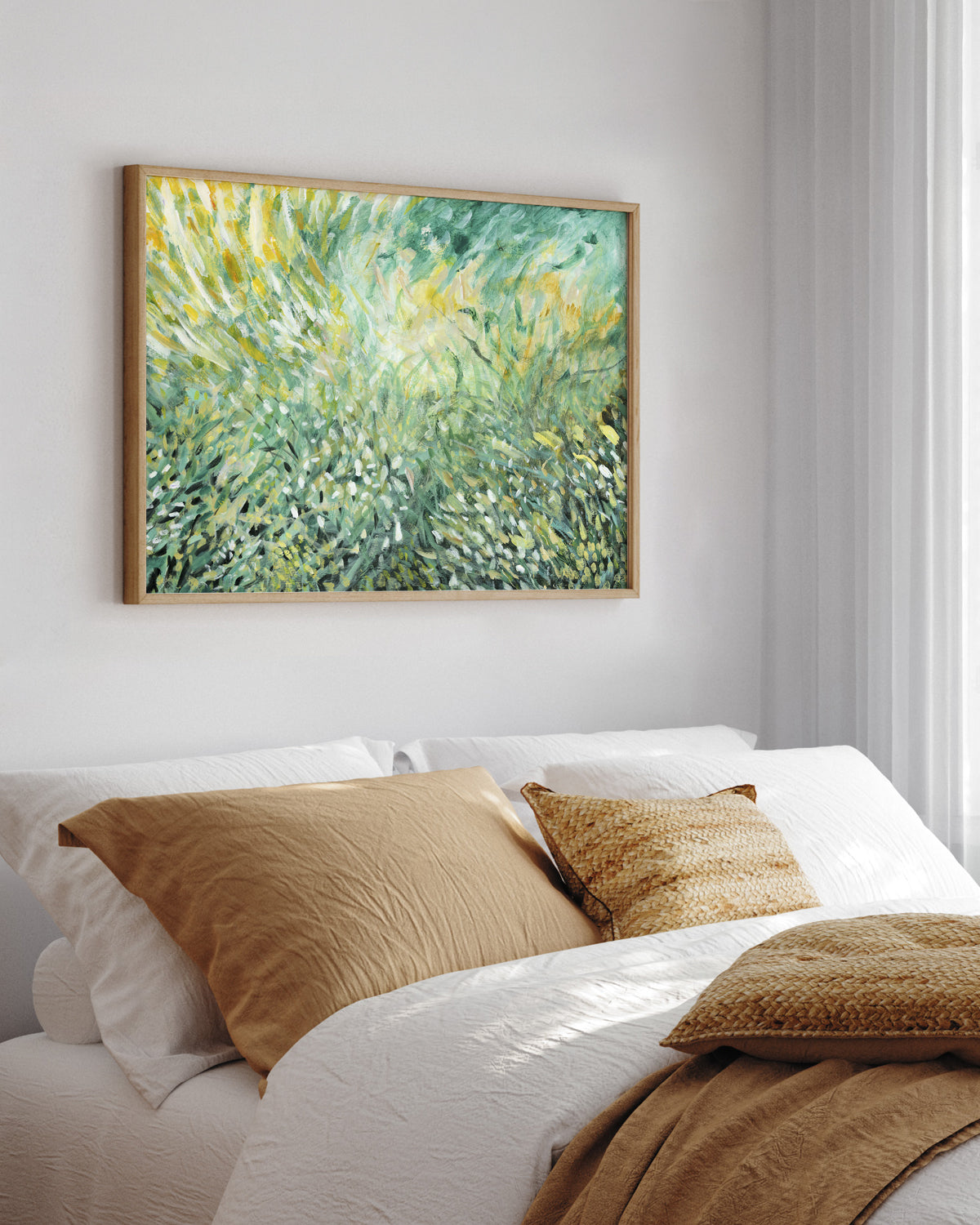 Loose Field fine art print. Abstract green and yellow acrylic painting by Jen Montgomery, available as canvas or paper print, shown framed and unframed in various room settings