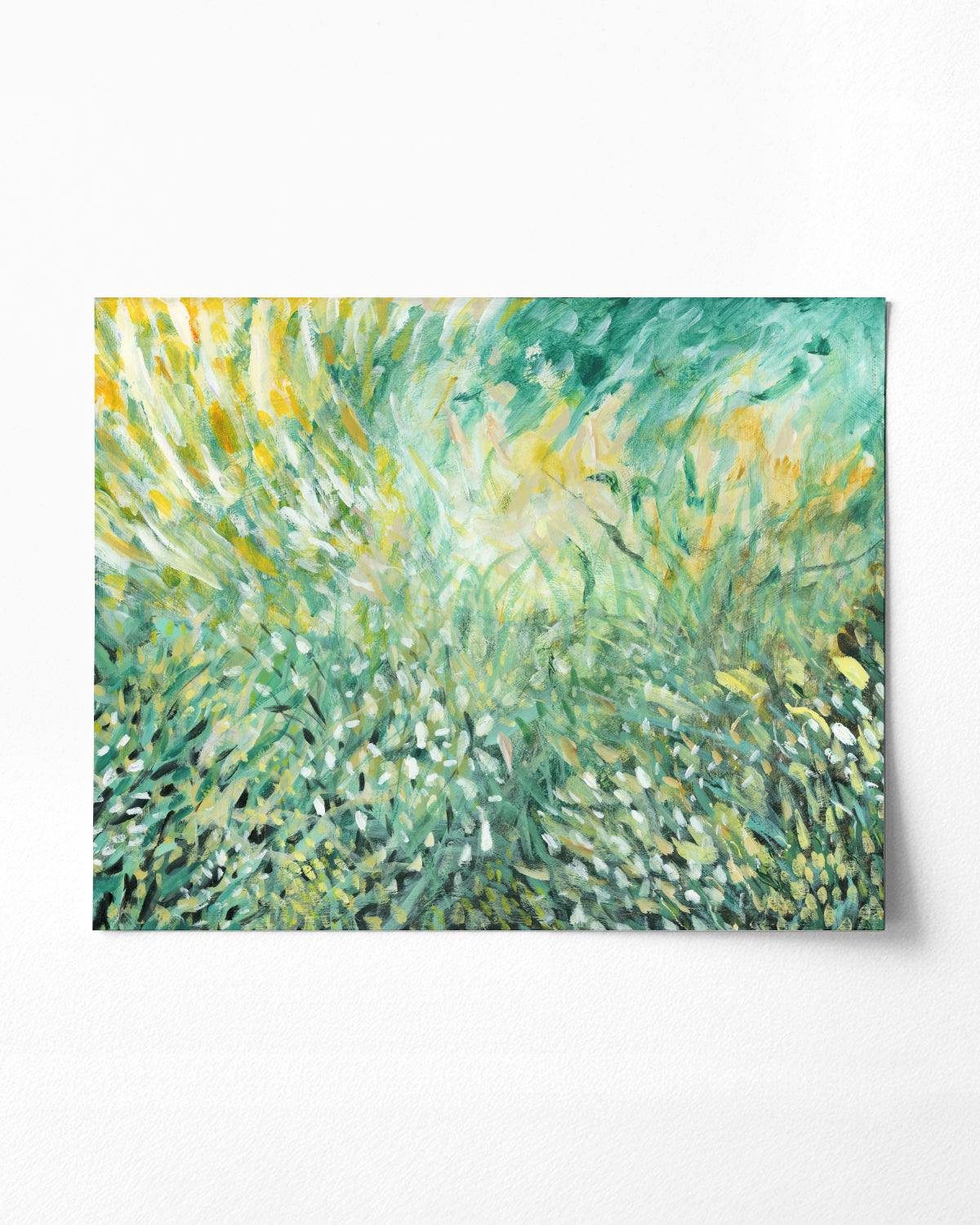 Loose Field fine art print. Abstract green and yellow acrylic painting by Jen Montgomery, available as canvas or paper print, shown framed and unframed in various room settings