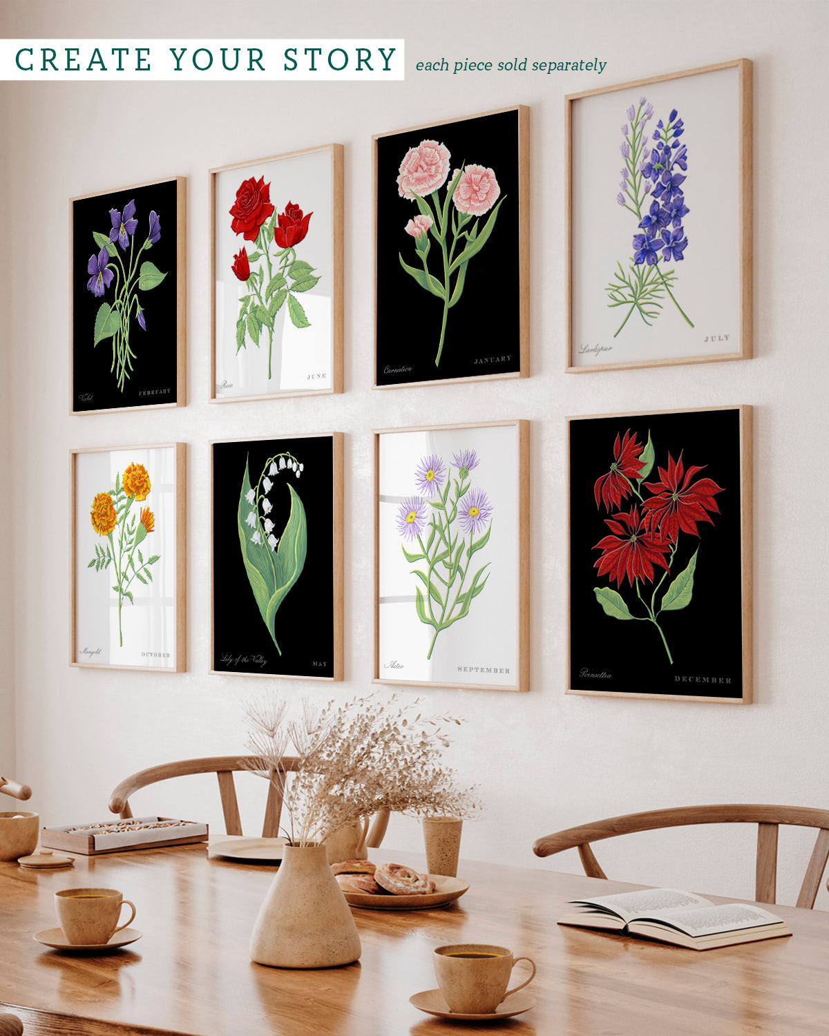 Gallery wall with Carnation (January) birth flower fine art print, classic botanical style on black background. Oak frame available.
