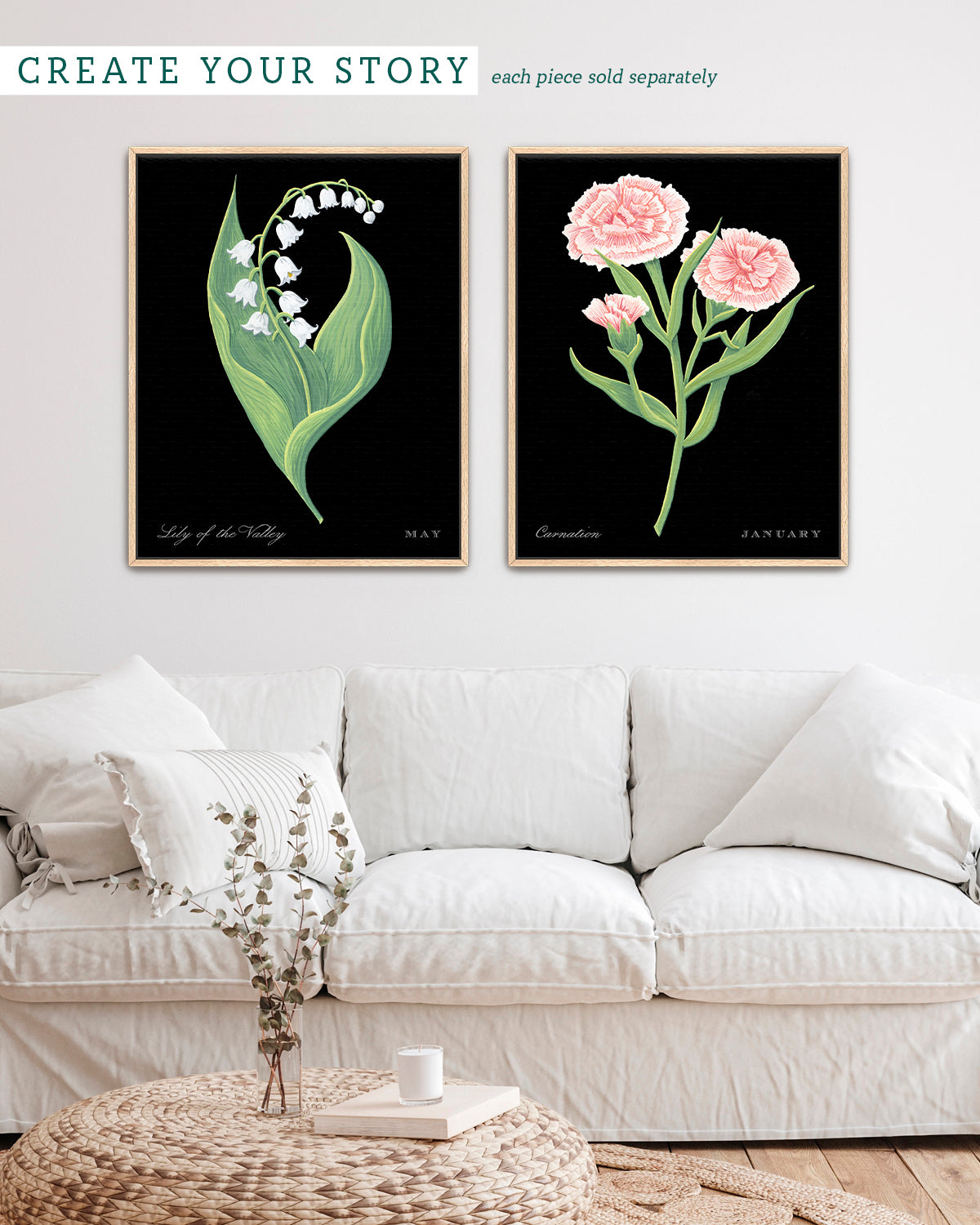 Gallery wall with Carnation (January) birth flower fine art print, classic botanical style on black background. Oak frame available.