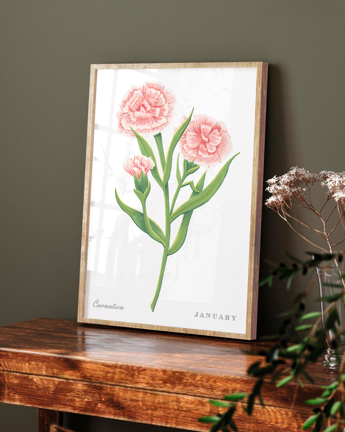 Carnation (January) birth flower fine art print, classic botanical style on white background. Oak frame available.