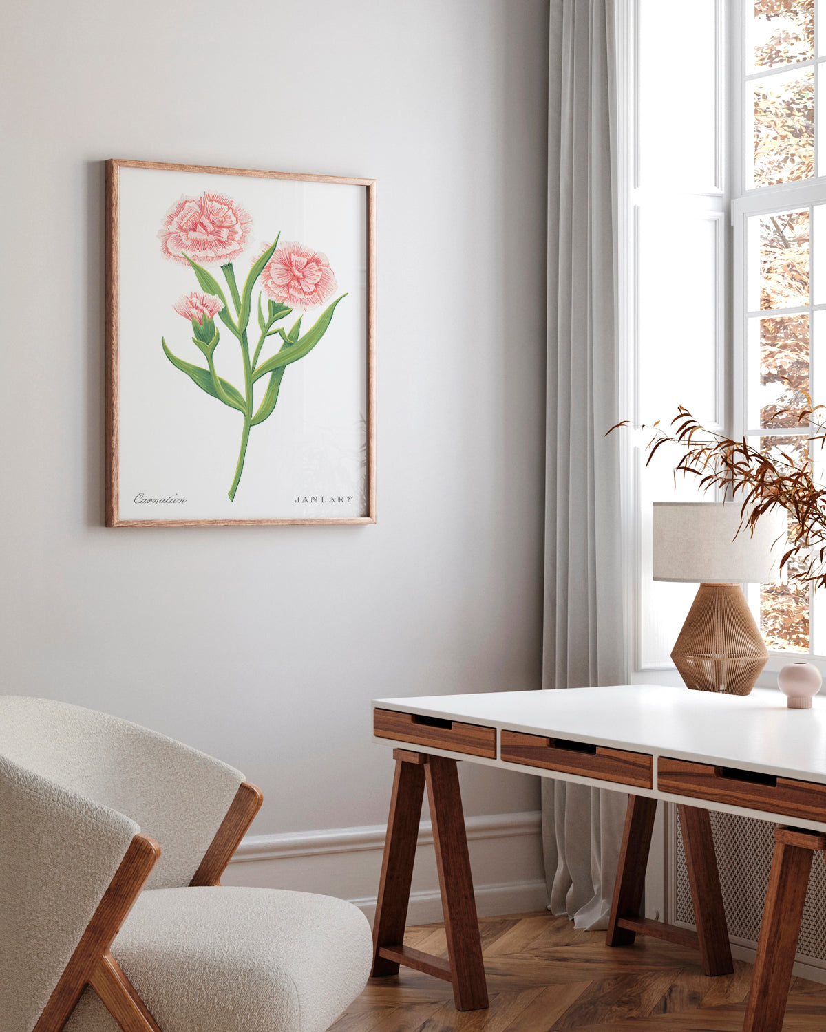 Carnation (January) birth flower fine art print, classic botanical style on white background. Oak frame available.