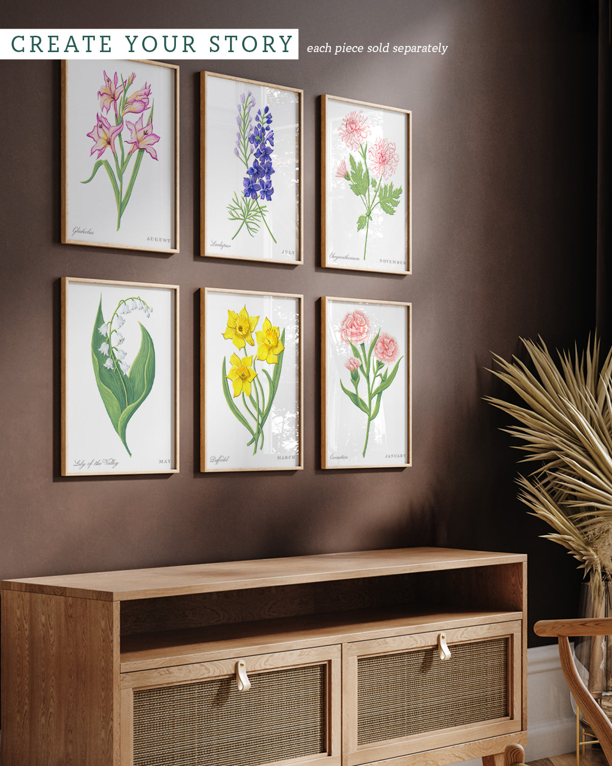 Gallery wall with Carnation (January) birth flower fine art print, classic botanical style on white background. Oak frame available.