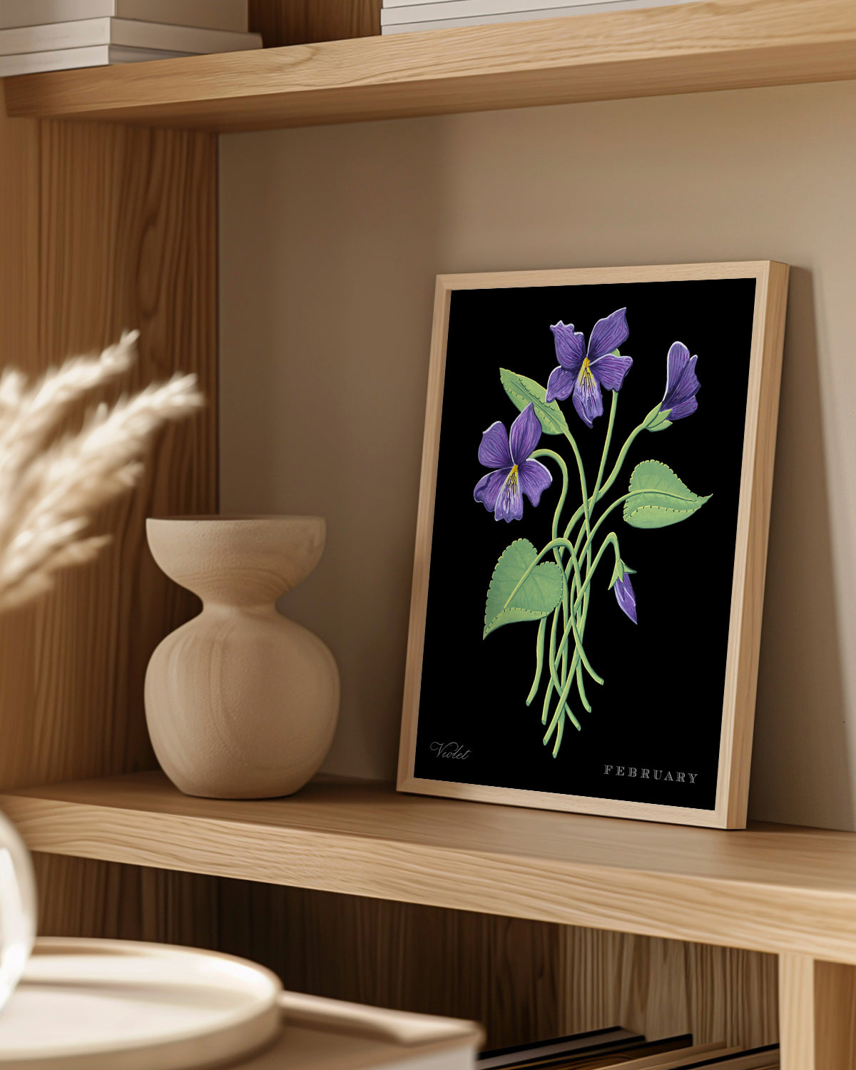 Violet (February) birth flower fine art print, classic botanical style on black background. Oak frame available.