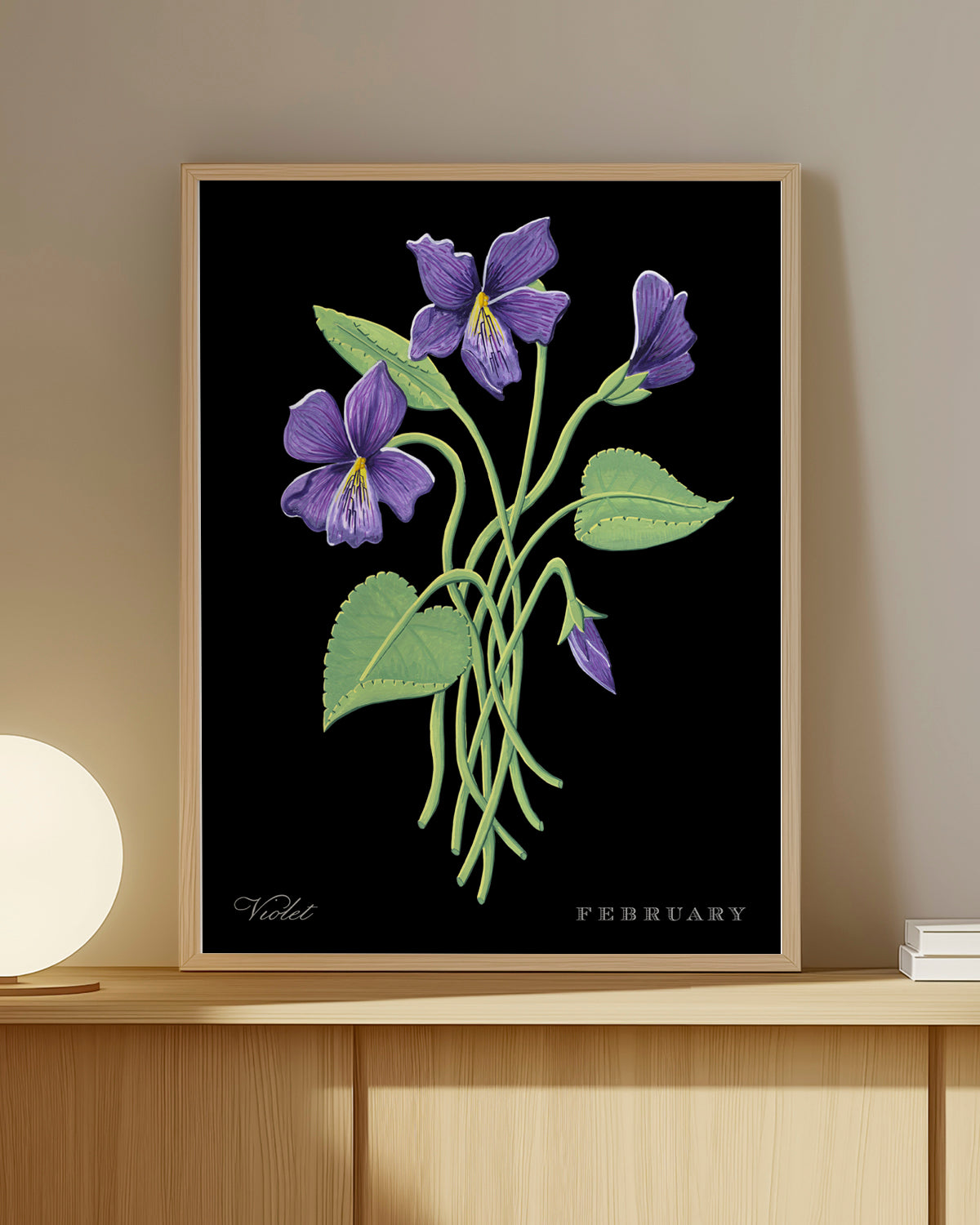 Violet (February) birth flower fine art print, classic botanical style on black background. Oak frame available.