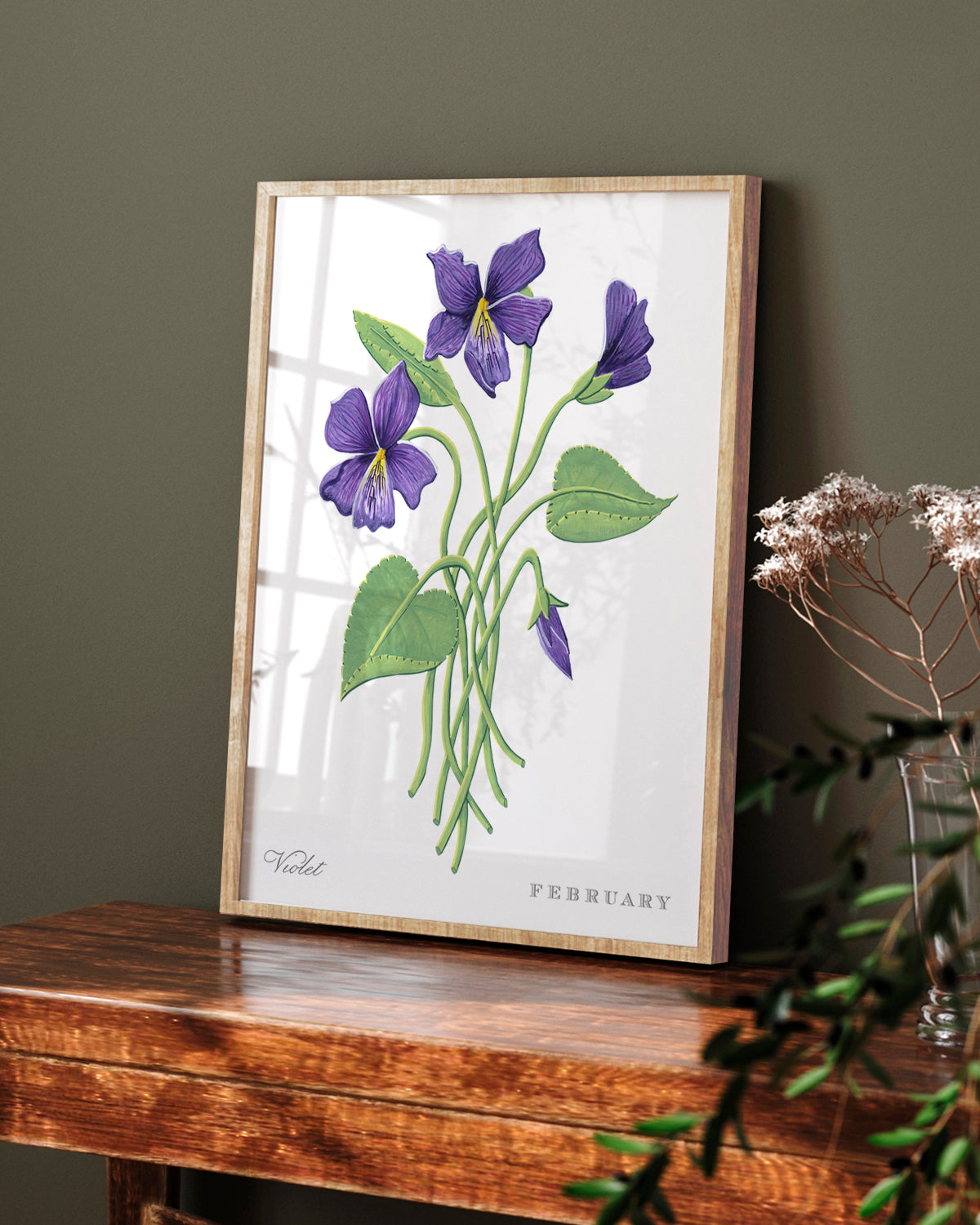 Violet (February) birth flower fine art print, classic botanical style on white background. Oak frame available.