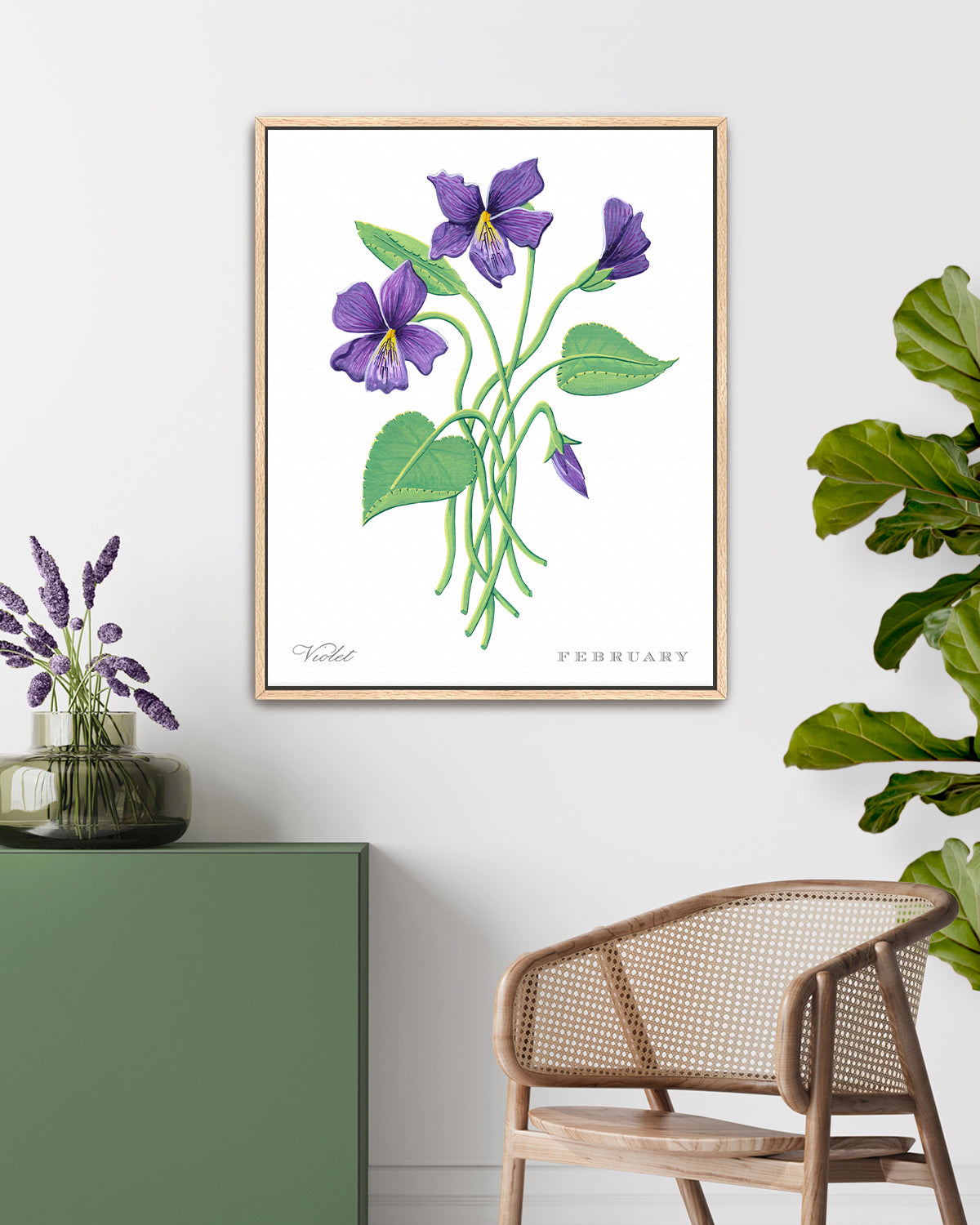 Violet (February) birth flower fine art print, classic botanical style on white background. Oak frame available.
