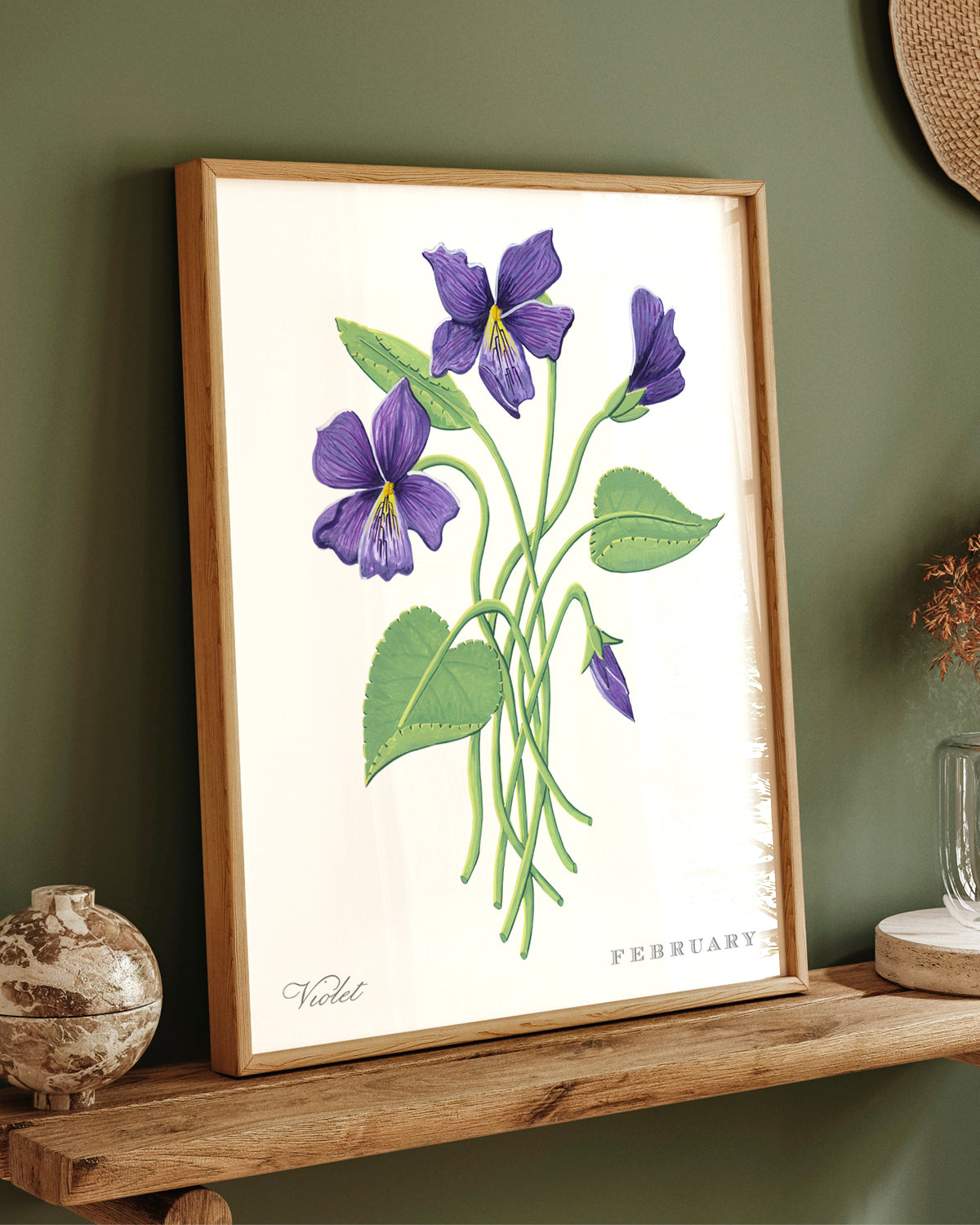Violet (February) birth flower fine art print, classic botanical style on white background. Oak frame available.
