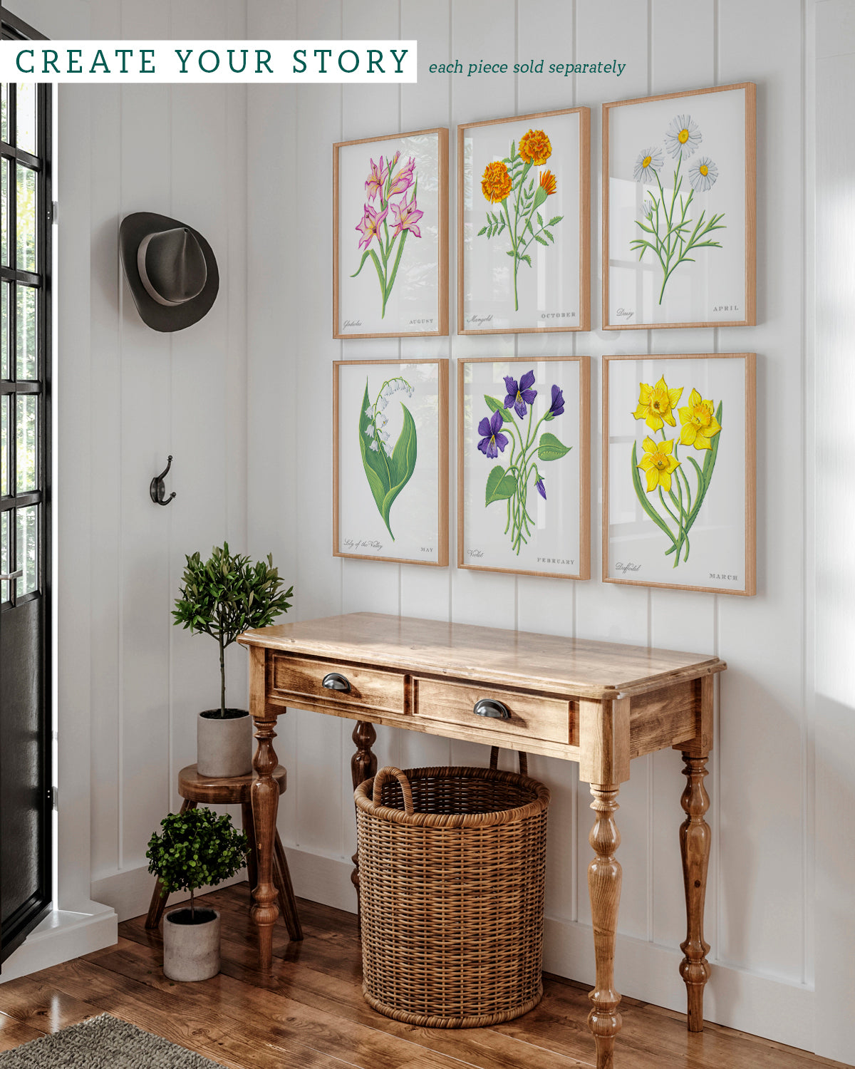Gallery wall with Violet (February) birth flower fine art print, classic botanical style on white background. Oak frame available.
