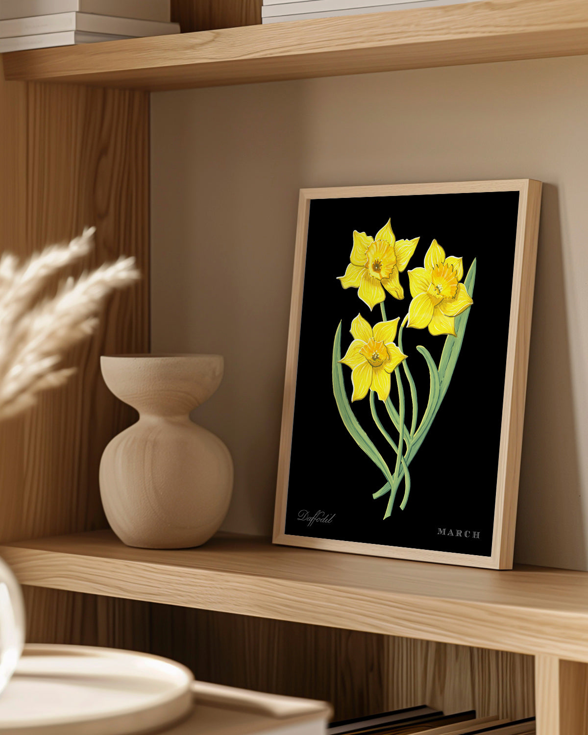Daffodil (March) birth flower fine art print, classic botanical style on black background. Oak frame available.