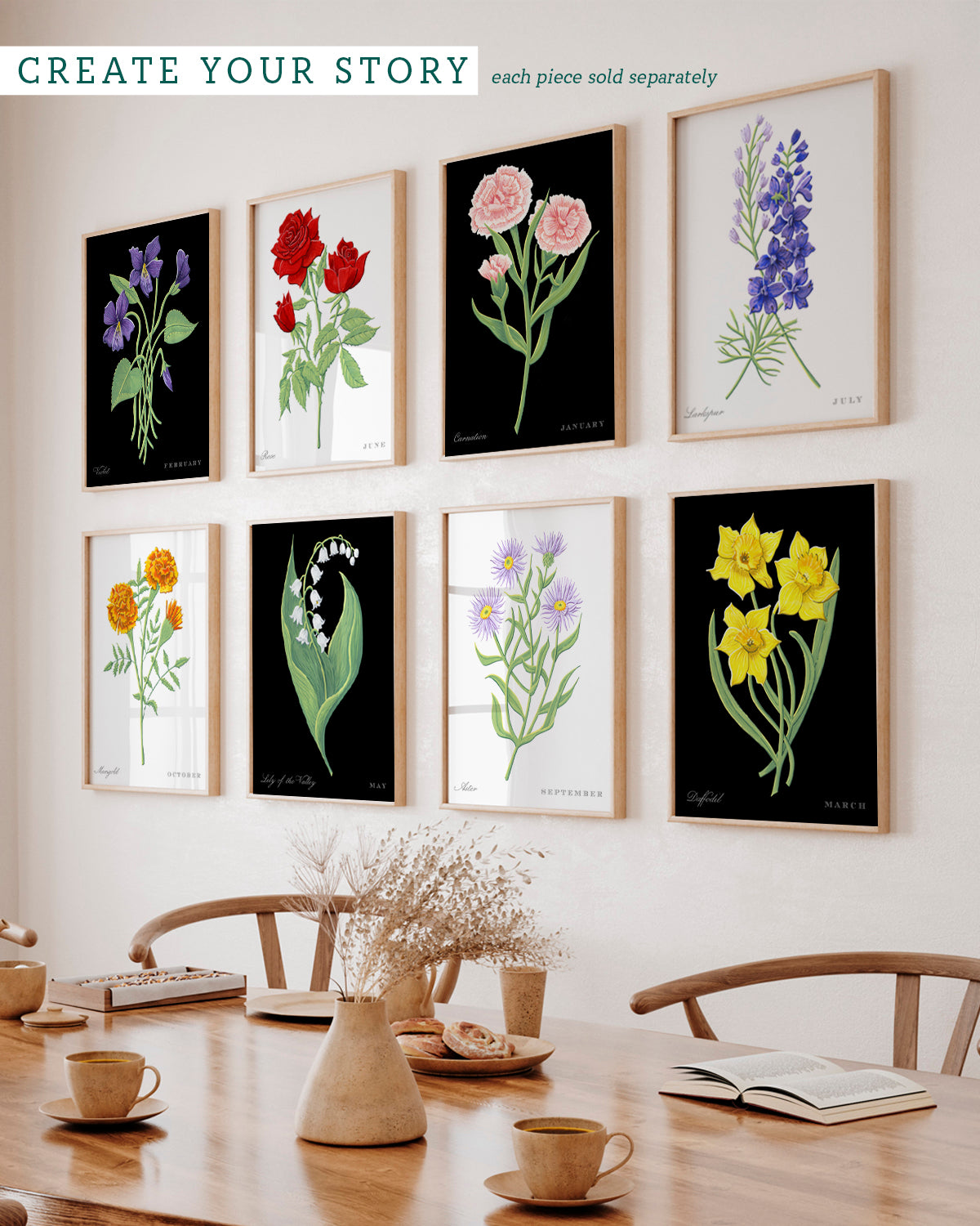 Gallery Wall with Daffodil (March) birth flower fine art print, classic botanical style on black background. Oak frame available.