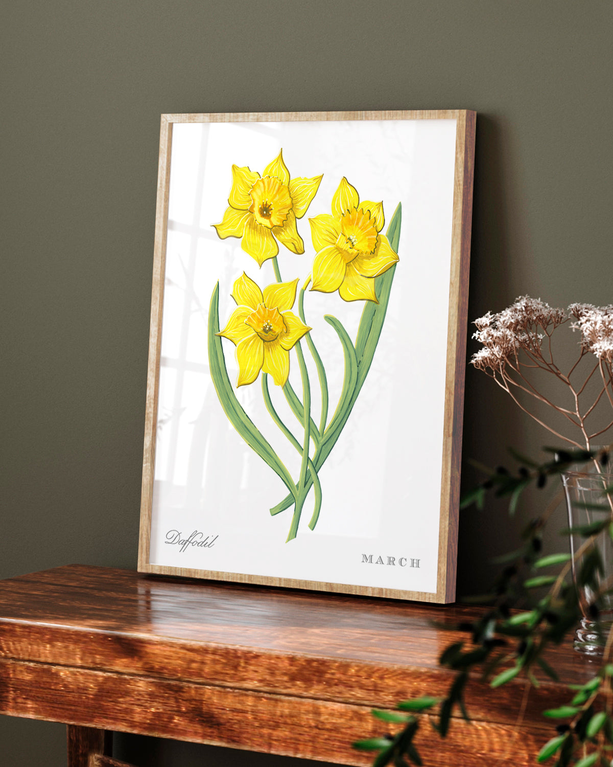 Daffodil (March) birth flower fine art print, classic botanical style on white background. Oak frame available.