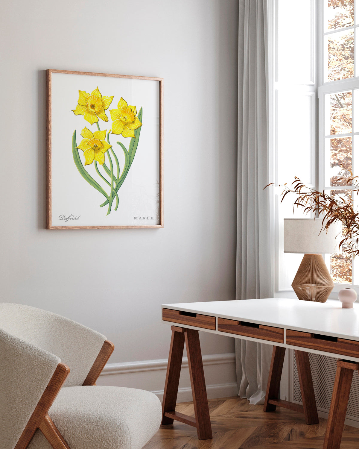 Daffodil (March) birth flower fine art print, classic botanical style on white background. Oak frame available.