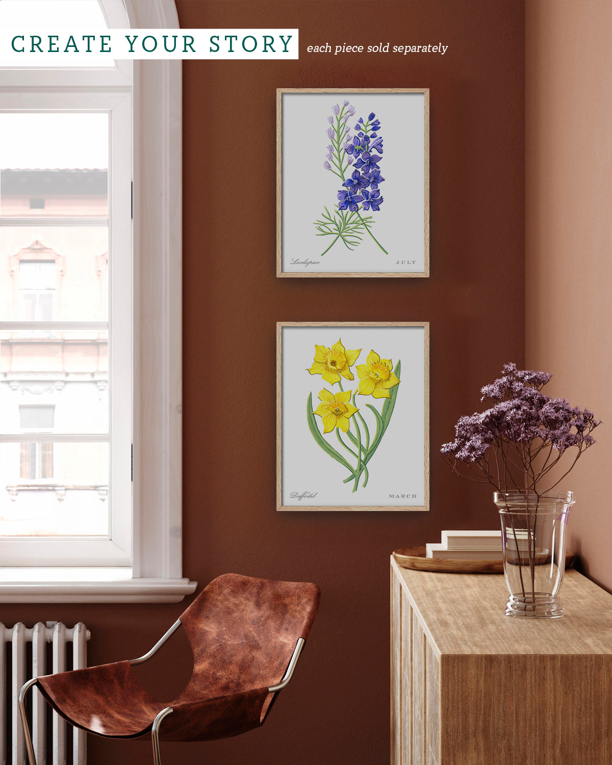 Gallery wall with Daffodil (March) birth flower fine art print, classic botanical style on white background. Oak frame available.