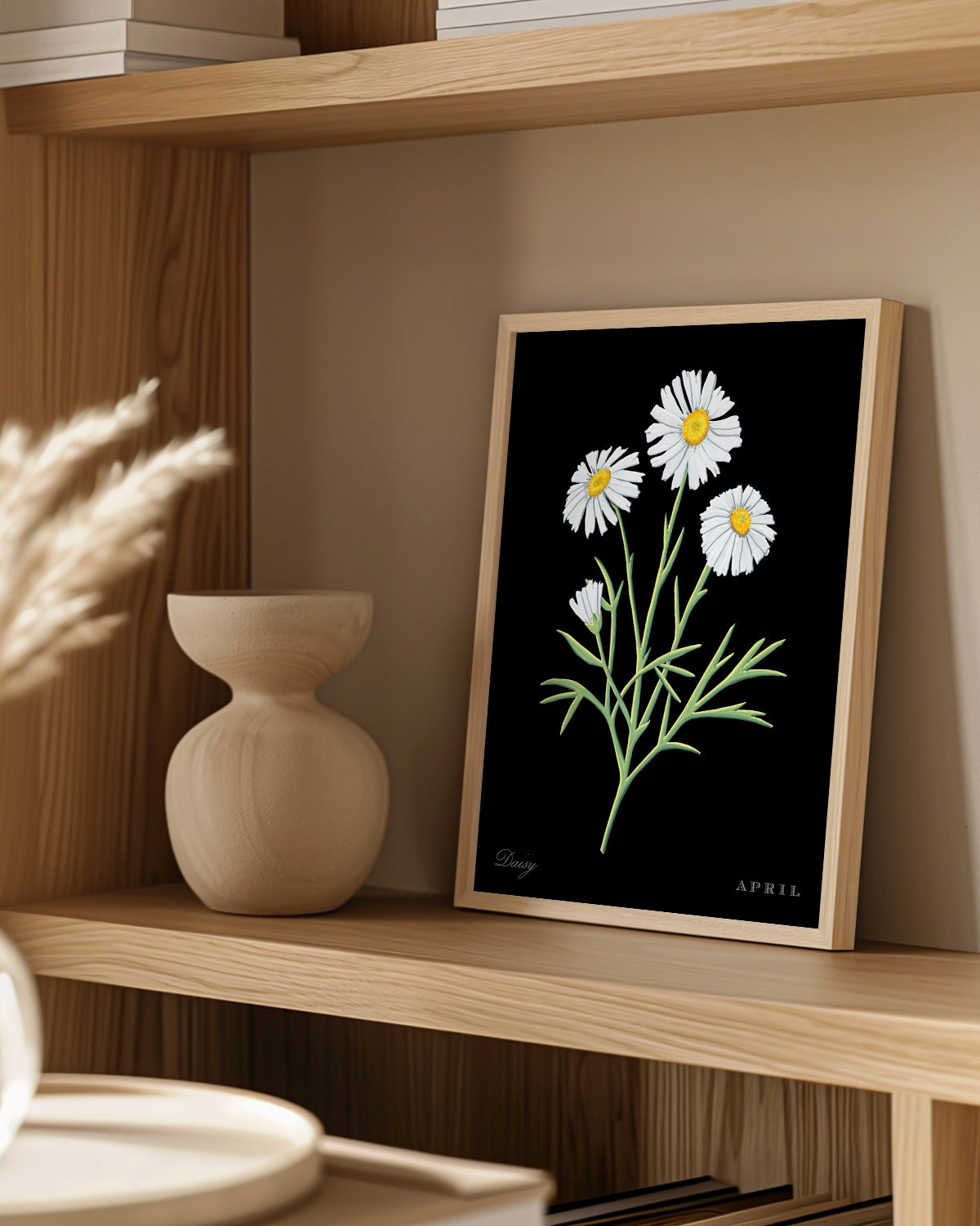 Daisy (April) birth flower fine art print, classic botanical style on black background. Oak frame available.