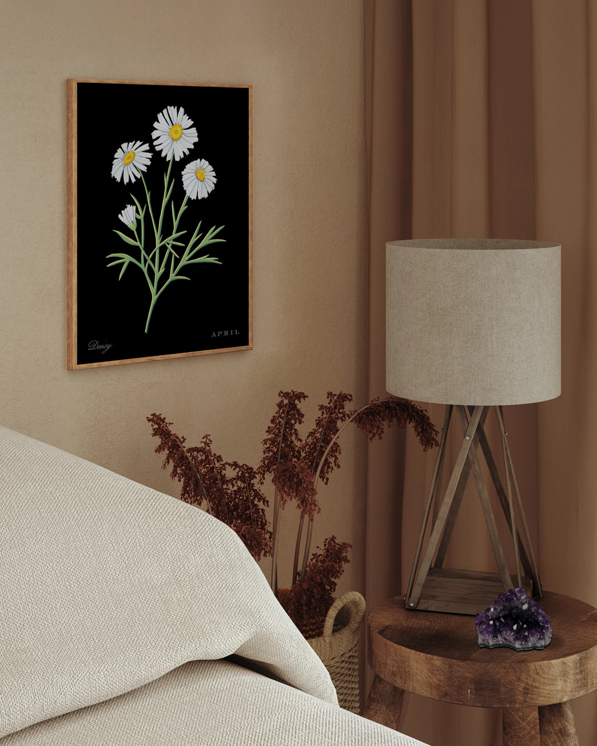 Daisy (April) birth flower fine art print, classic botanical style on black background. Oak frame available.
