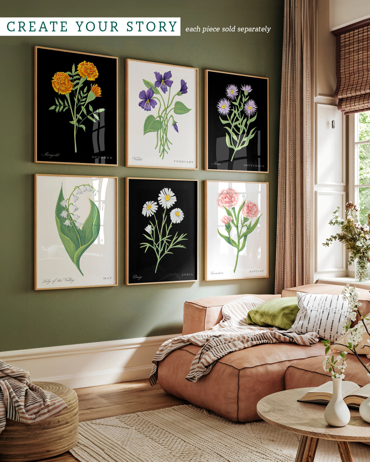 Gallery wall with Daisy (April) birth flower fine art print, classic botanical style on black background. Oak frame available.