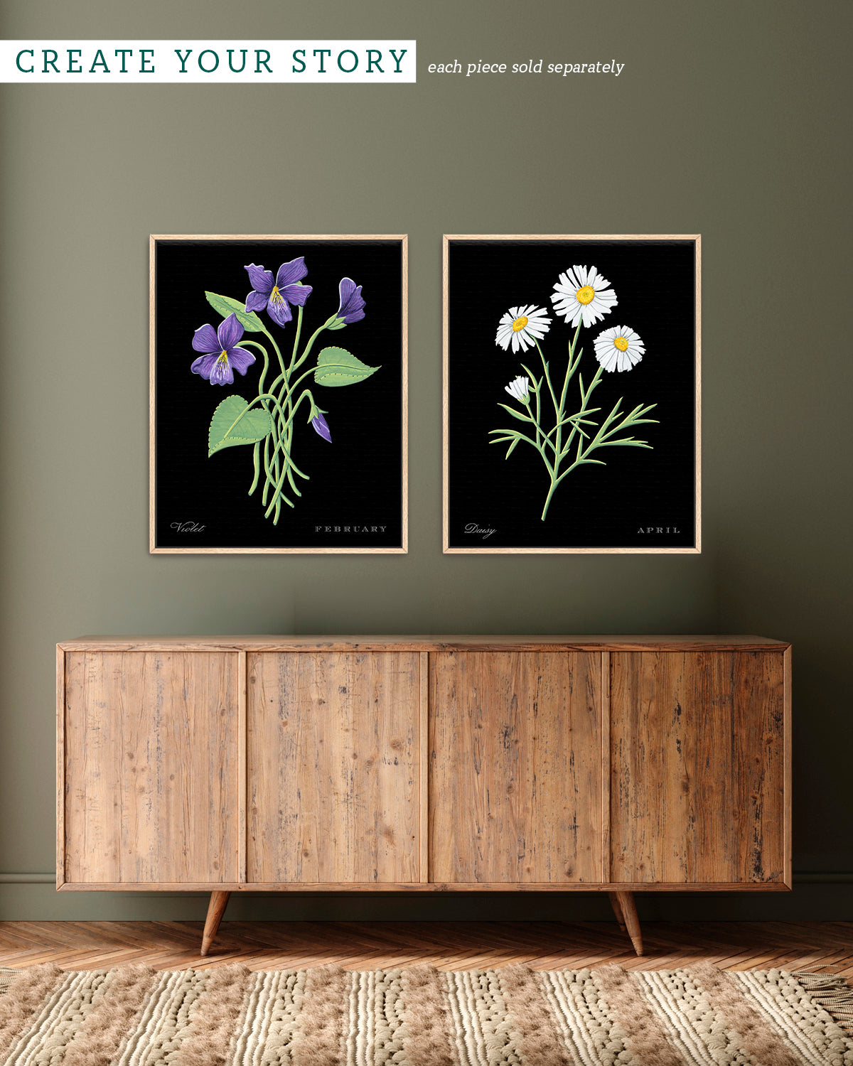 Gallery wall with Daisy (April) birth flower fine art print, classic botanical style on black background. Oak frame available.