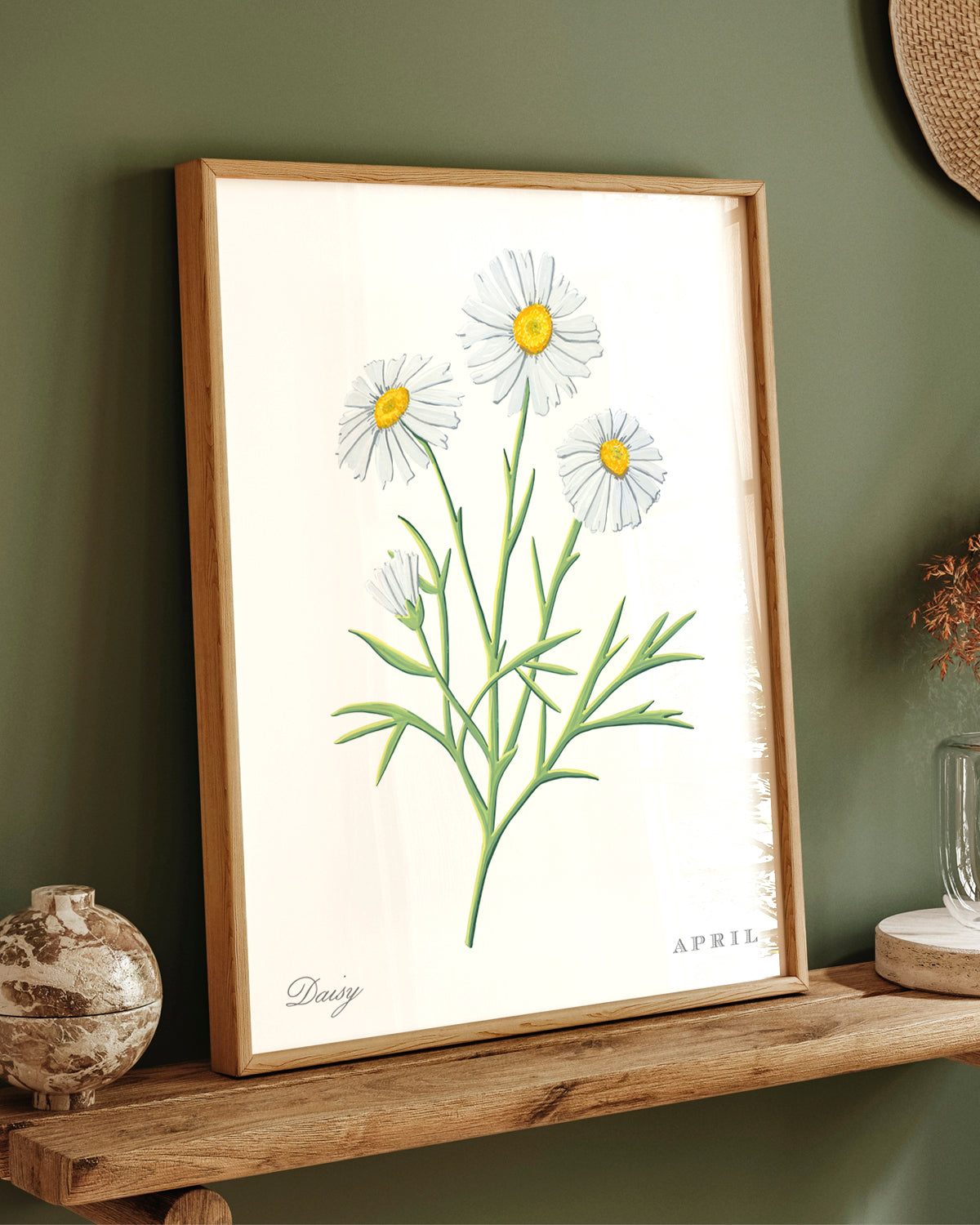 Daisy (April) birth flower fine art print, classic botanical style on white background. Oak frame available.