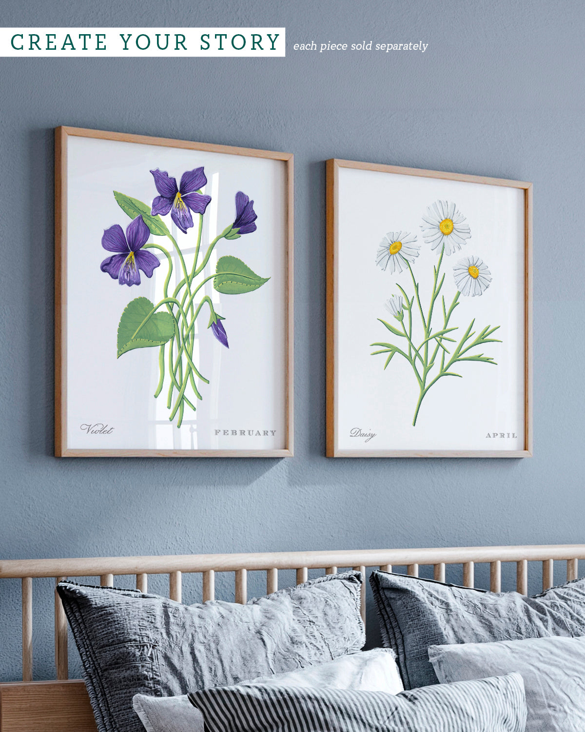 Gallery wall with Daisy (April) birth flower fine art print, classic botanical style on white background. Oak frame available.