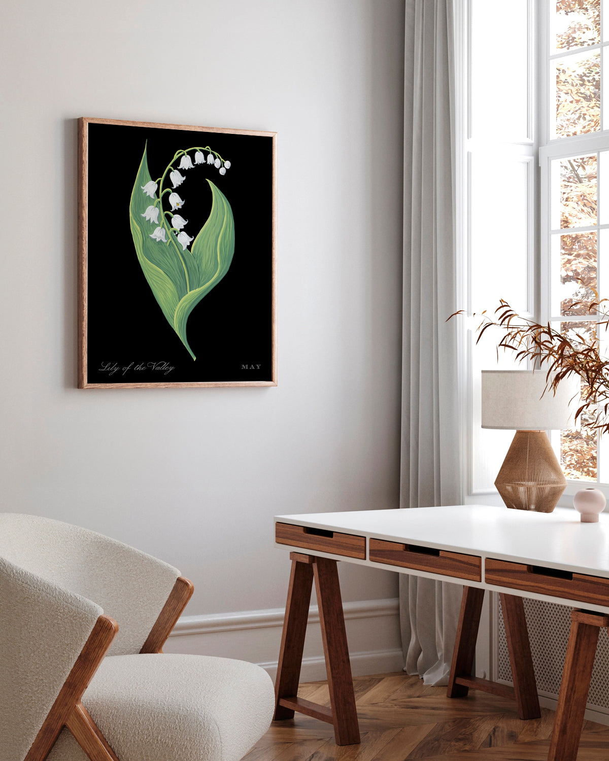 Lily of the Valley (May) birth flower fine art print, classic botanical style on black background. Oak frame available.