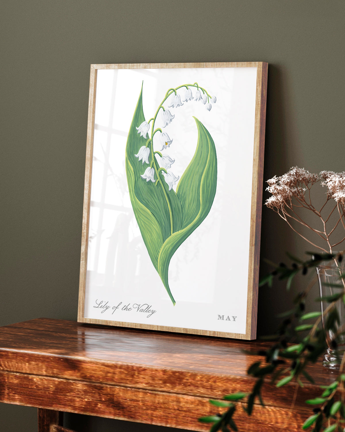 Lily of the Valley (May) birth flower fine art print, classic botanical style on white background. Oak frame available.