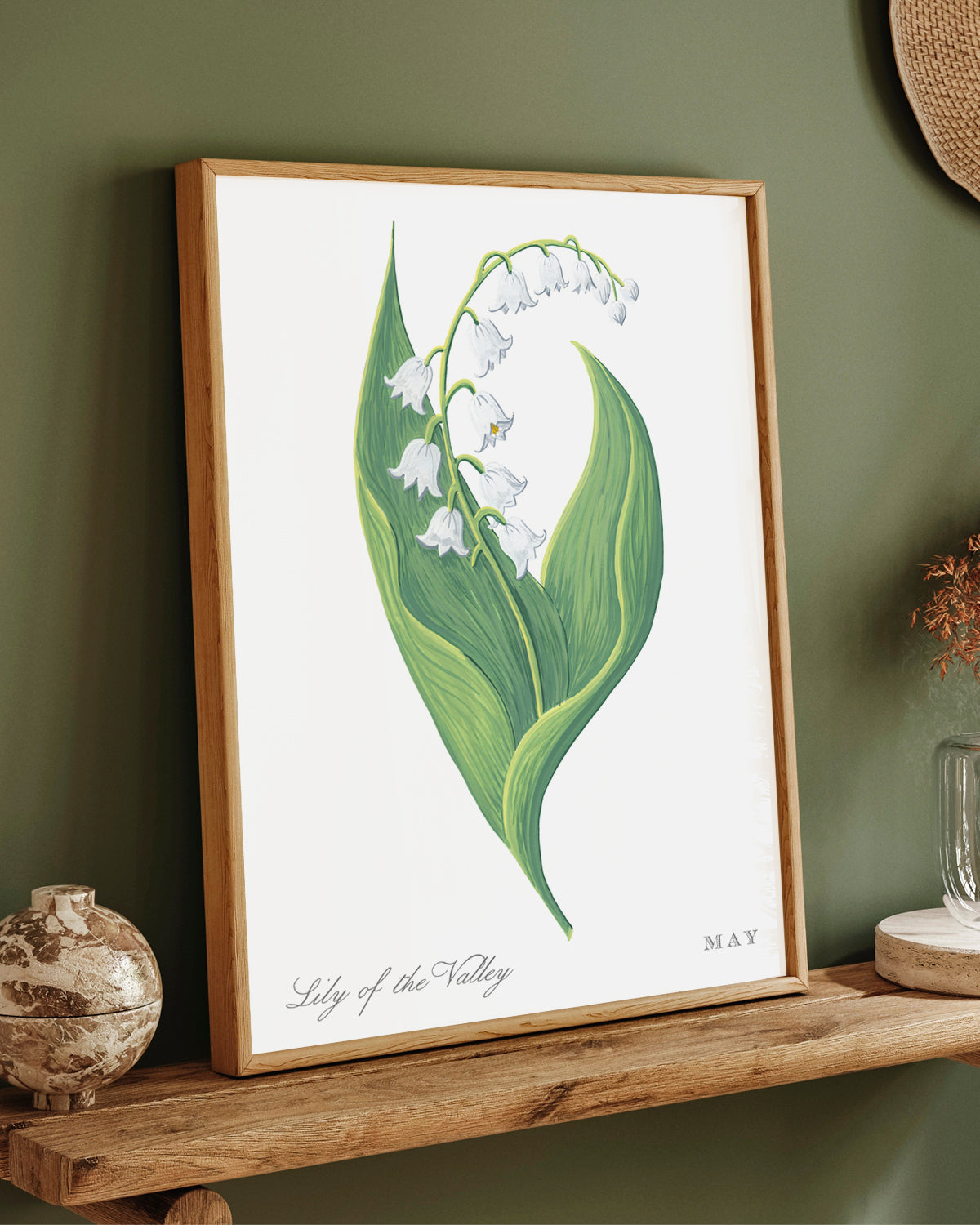 Lily of the Valley (May) birth flower fine art print, classic botanical style on white background. Oak frame available.