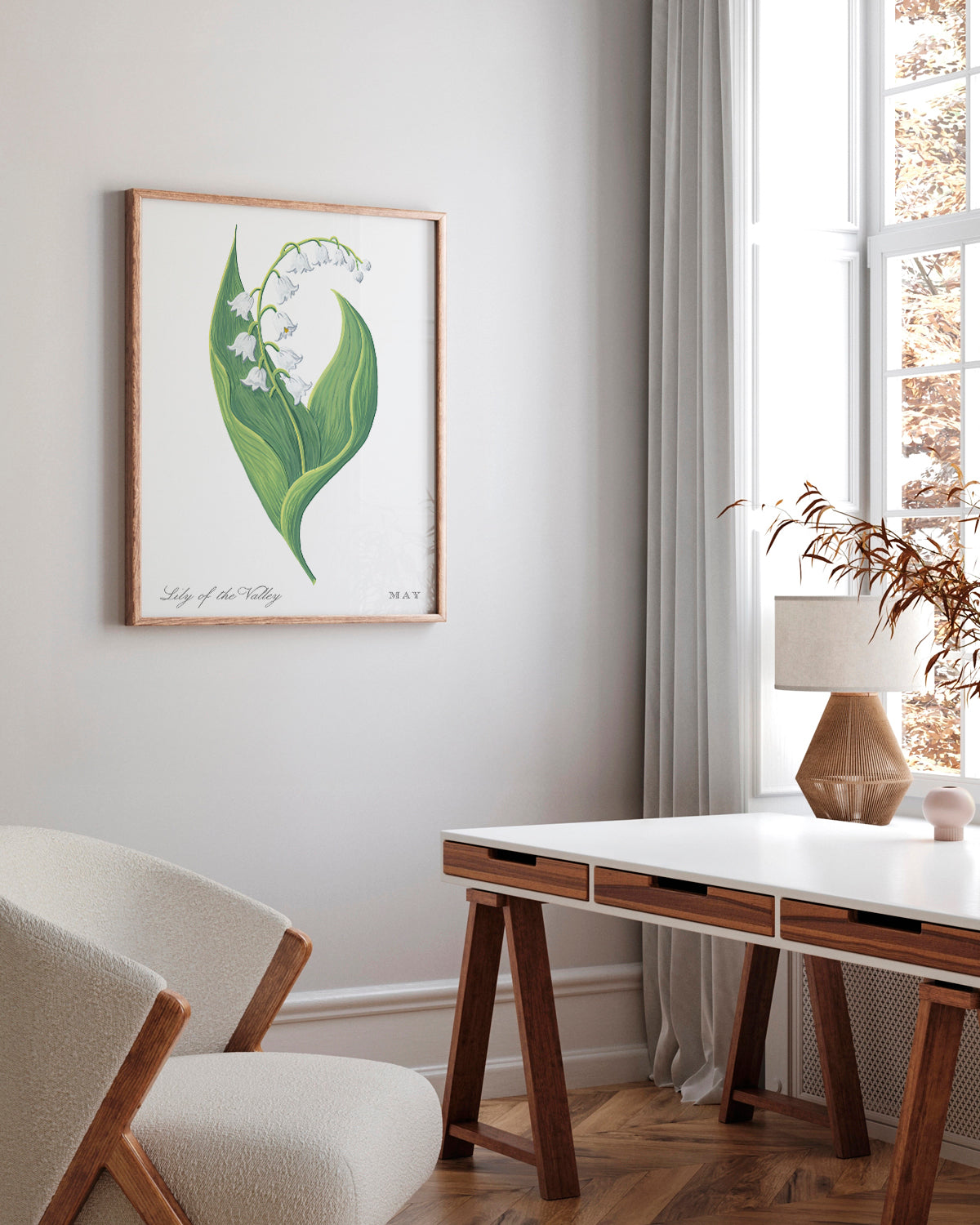 Lily of the Valley (May) birth flower fine art print, classic botanical style on white background. Oak frame available.