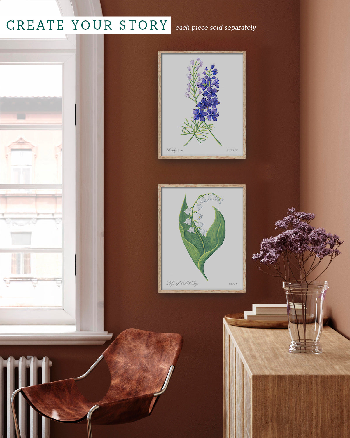 Gallery wall with Lily of the Valley (May) birth flower fine art print, classic botanical style on white background. Oak frame available.
