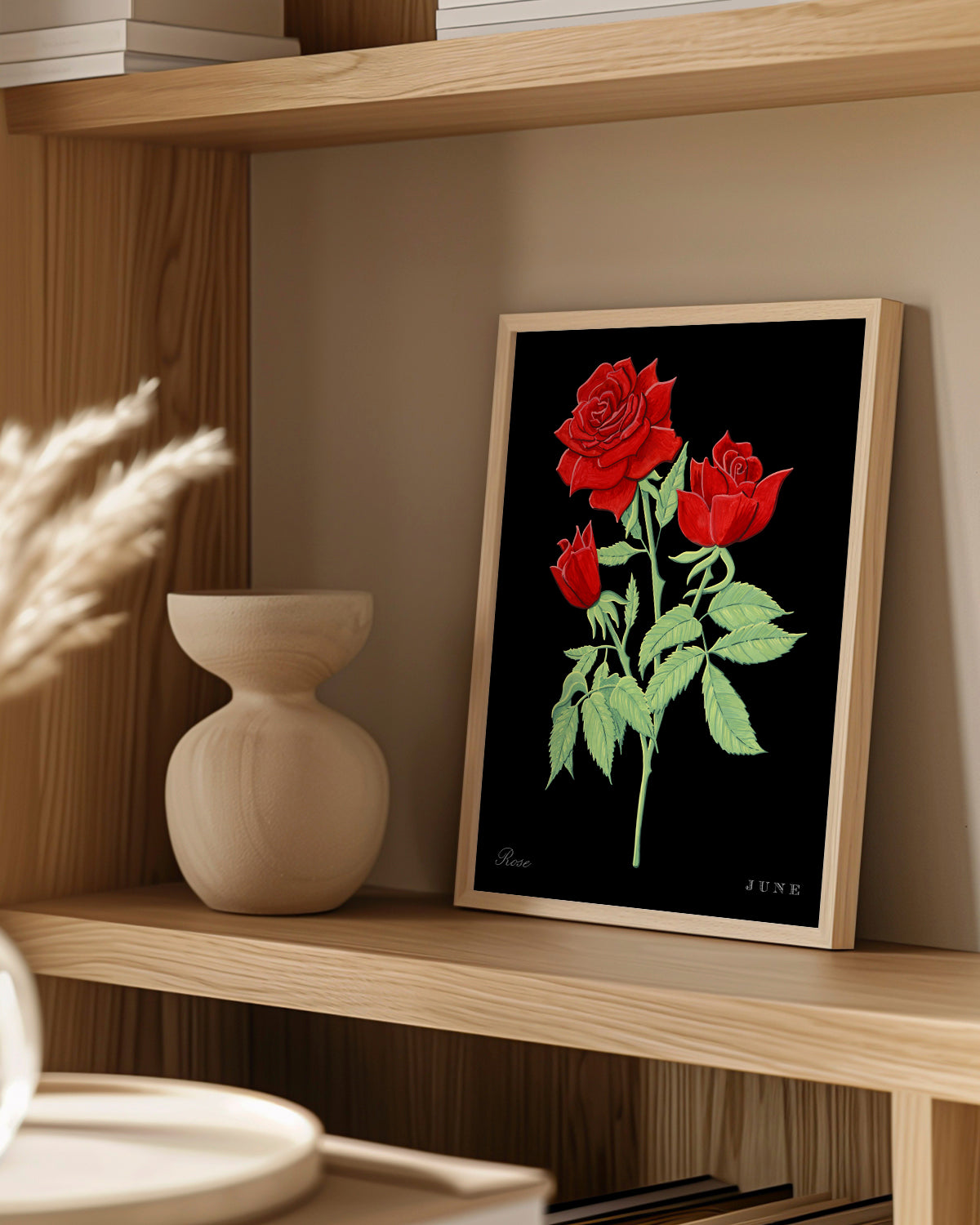 Rose (June) birth flower fine art print, classic botanical style on black background. Oak frame available.