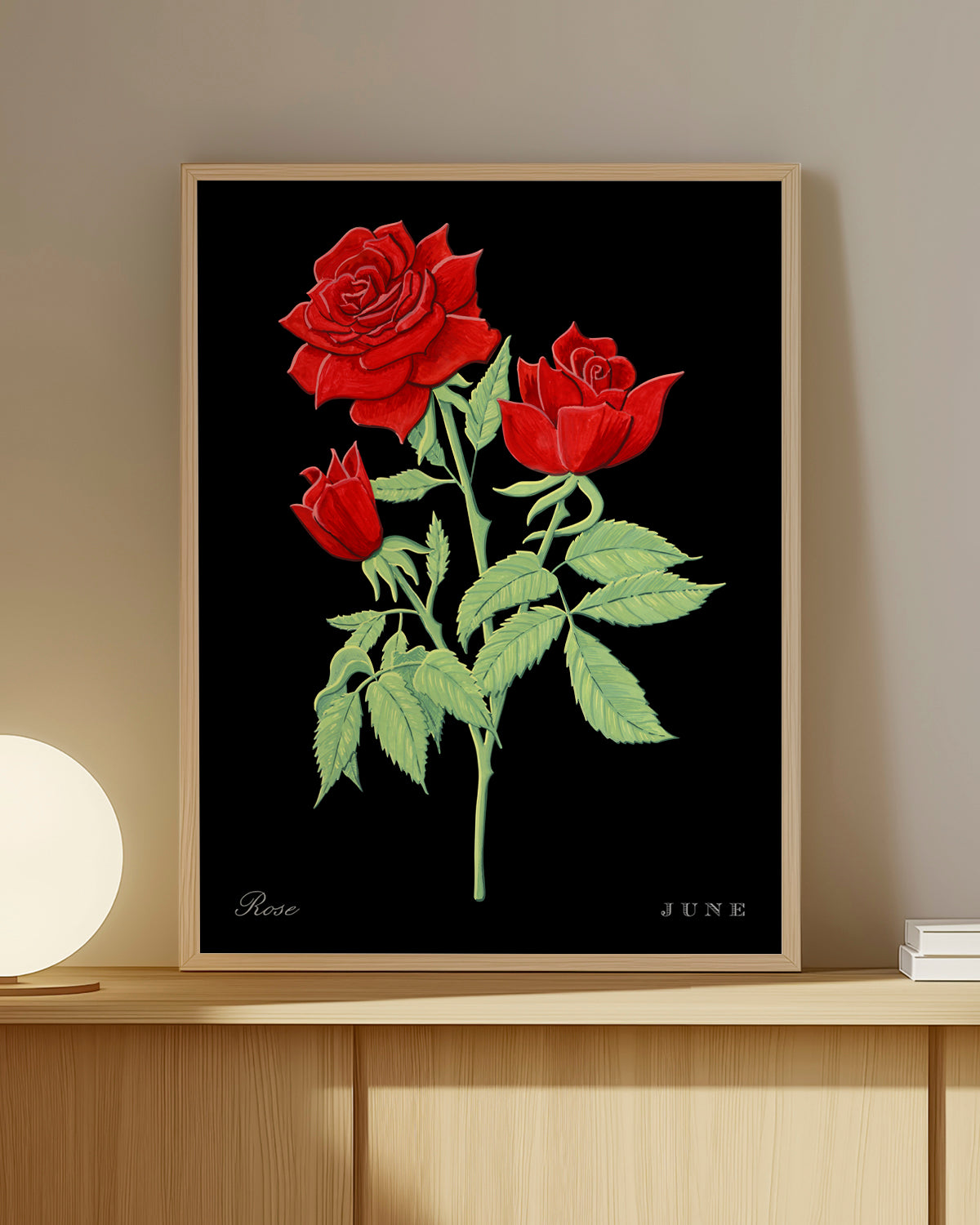 Rose (June) birth flower fine art print, classic botanical style on black background. Oak frame available.
