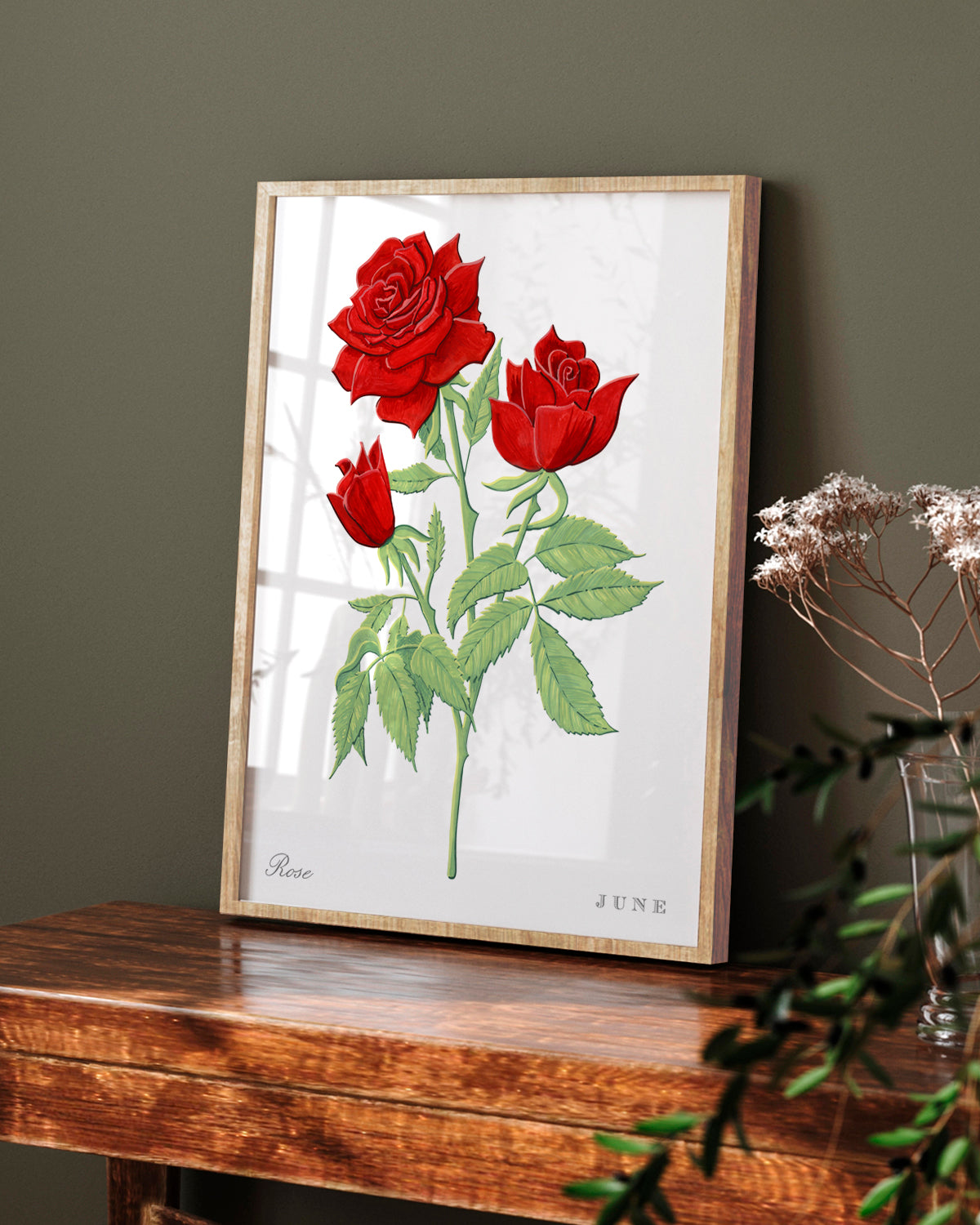 Rose (June) birth flower fine art print, classic botanical style on white background. Oak frame available.