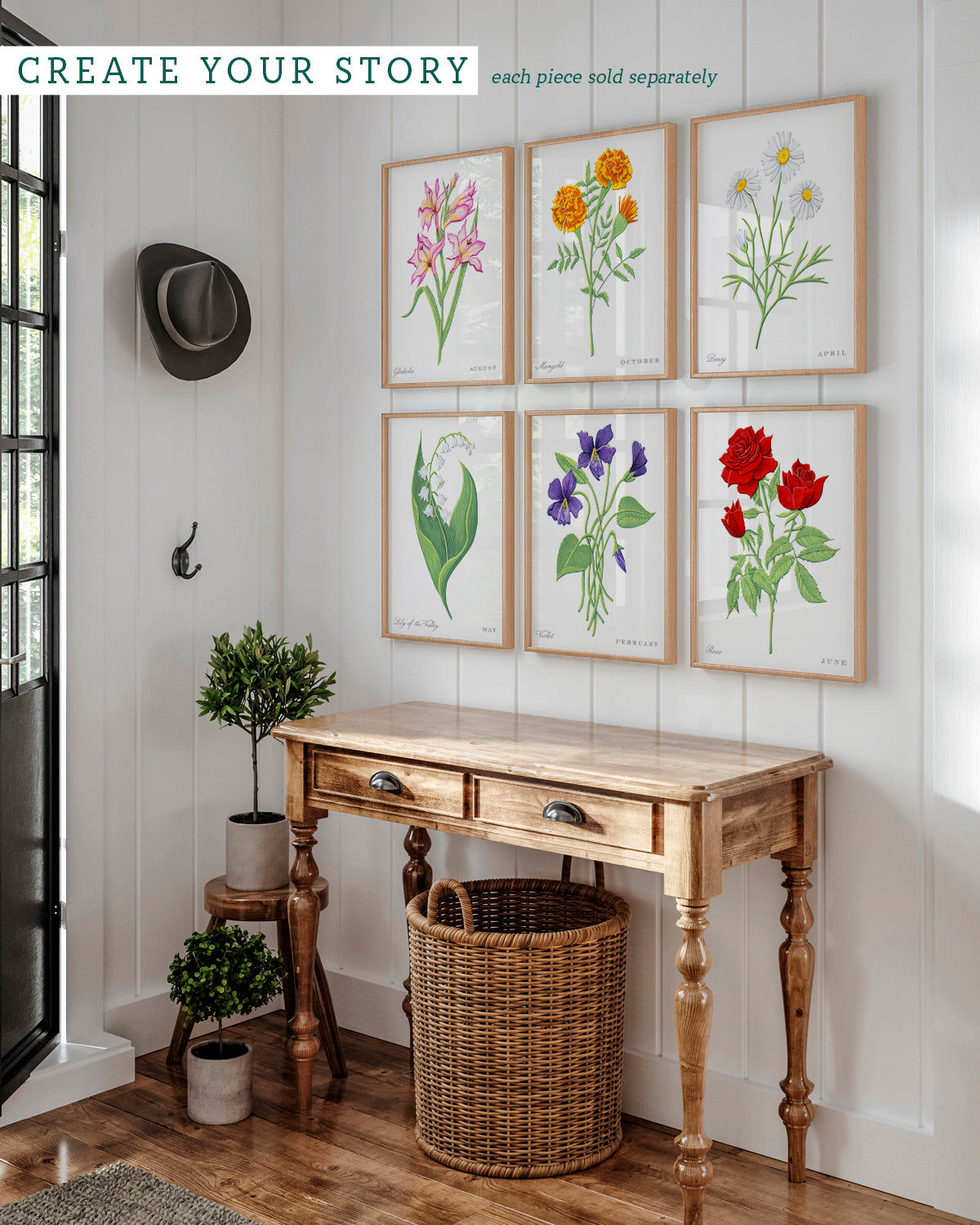 Gallery wall with Rose (June) birth flower fine art print, classic botanical style on white background. Oak frame available.